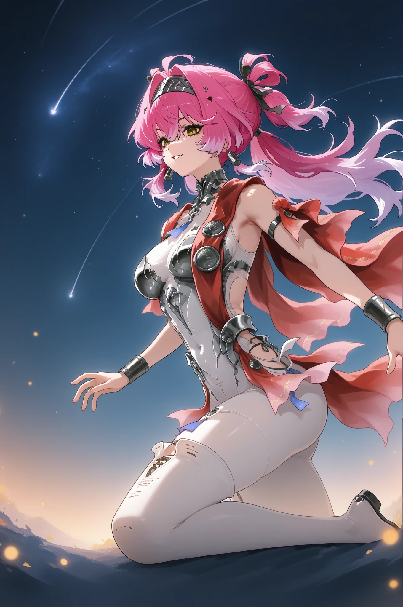 (((Masterpiece))), (Milim Nava de tensei shitara slime),
((1 female)), (((pink hair))), (((double tail))), (happy smile), Fangs, ((ripped abdomen)), toned arms and legs, medium breasts, excessive sweating, (on the moon with a starry sky and showing planet Earth), very blue blue eyes, bare feet, ((standing)), 8k, ultra realistic, very detailed scenery, ultra quality