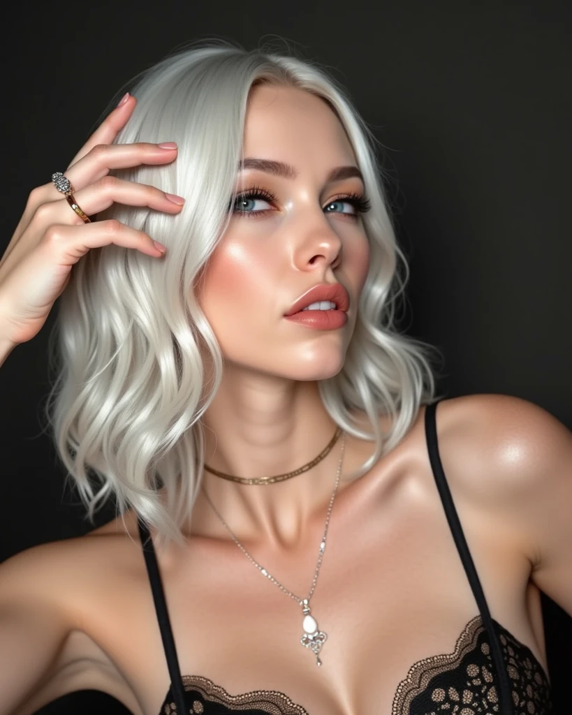 A close up of a woman sitting on a chair wearing a large black dress, covers all body, white skin, white hair, black background, elegant, high quality, realistic, 8k