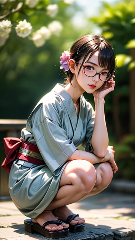 (masterpiece, highest quality), One Girl, Satou, Satou, Glasses, 赤いフレームのGlasses, Yukata, Satou, Glasses, 赤いフレームのGlasses, kimono,head to feet,Fireworks,