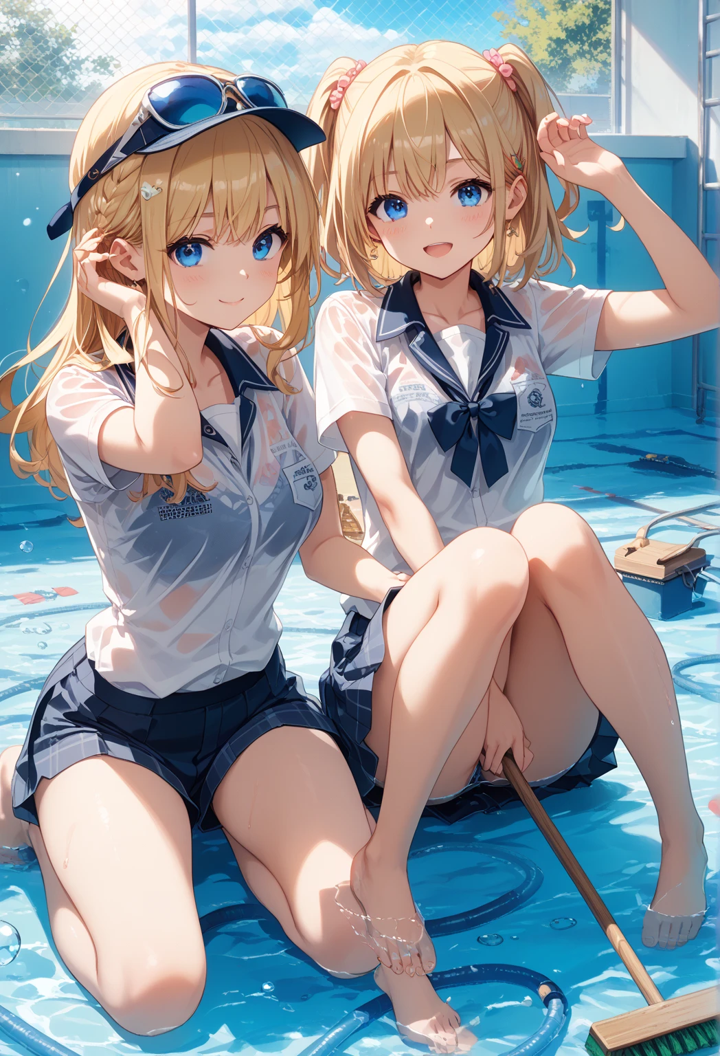 anime style, Ellen Baker, beautiful, green eyes, blonde hair, swimsuit, Poolside (masterpiece:1.2), (lively:1.2), very detailed, perfect art, swimming lessons