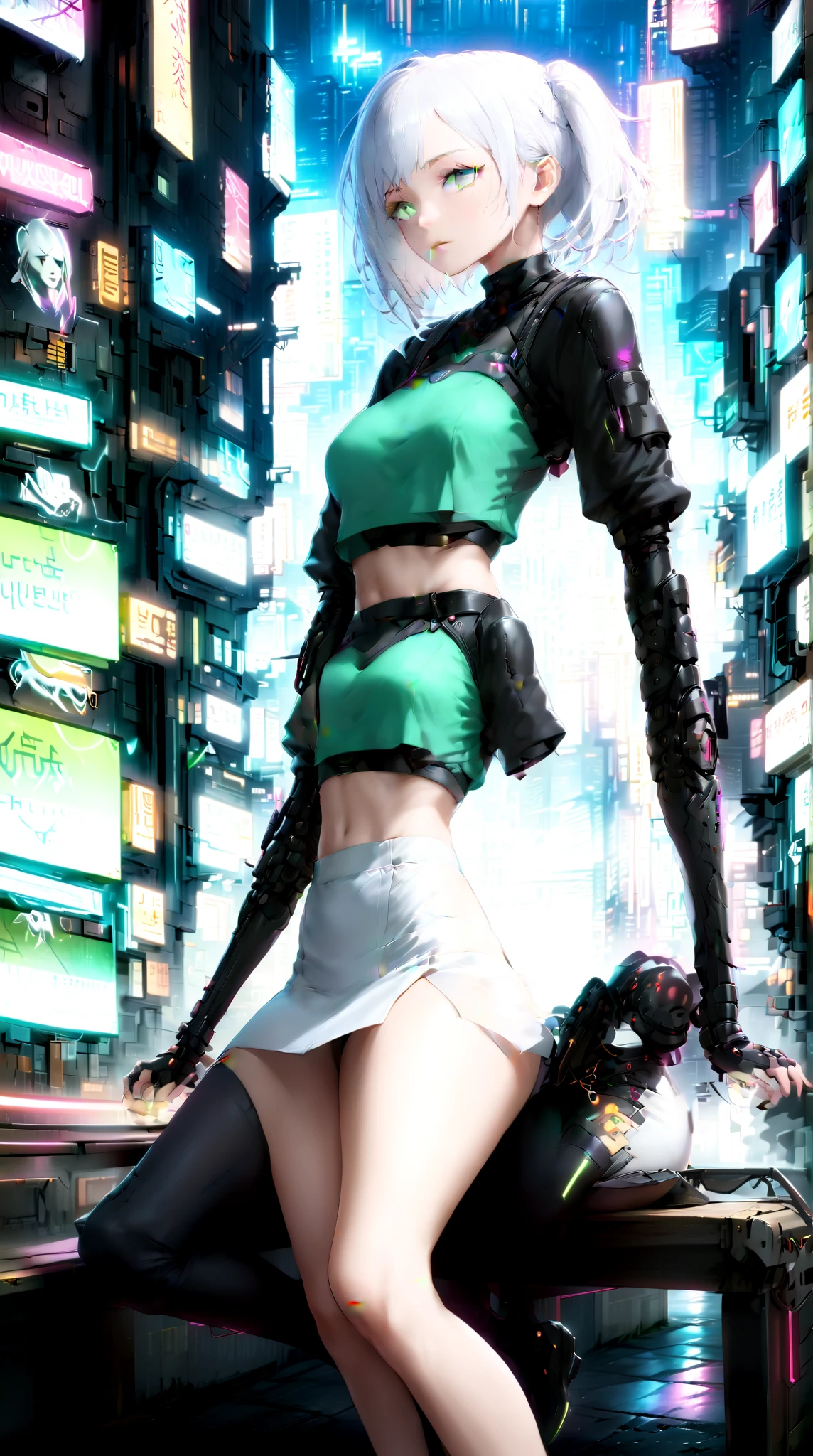 perfil de lado, a Androgynous in a green detalhes neon, Nijiexpressive_VI, hoodie standing ( ( bit flip | god of ai art ) ), beautiful smile mad! android woman, by Ram baleia orca alien, Androgynous character humana, cheio de armas, exoesqueleto cinza, detalhes neon, neon black smoke, naves pequenas ao redor, featured on amiami, trending on artstaion, cd jacket, horrific yet beautiful vibe, sligengine, artstatiom, inspired by Tokyo Ghoul, Niji_smile: 1> formato da imagem 3:4