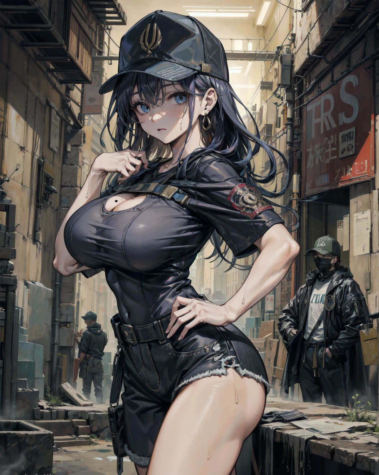 Cyberpunk style street,elegant lady,cabellos largos dorados,With a hat on