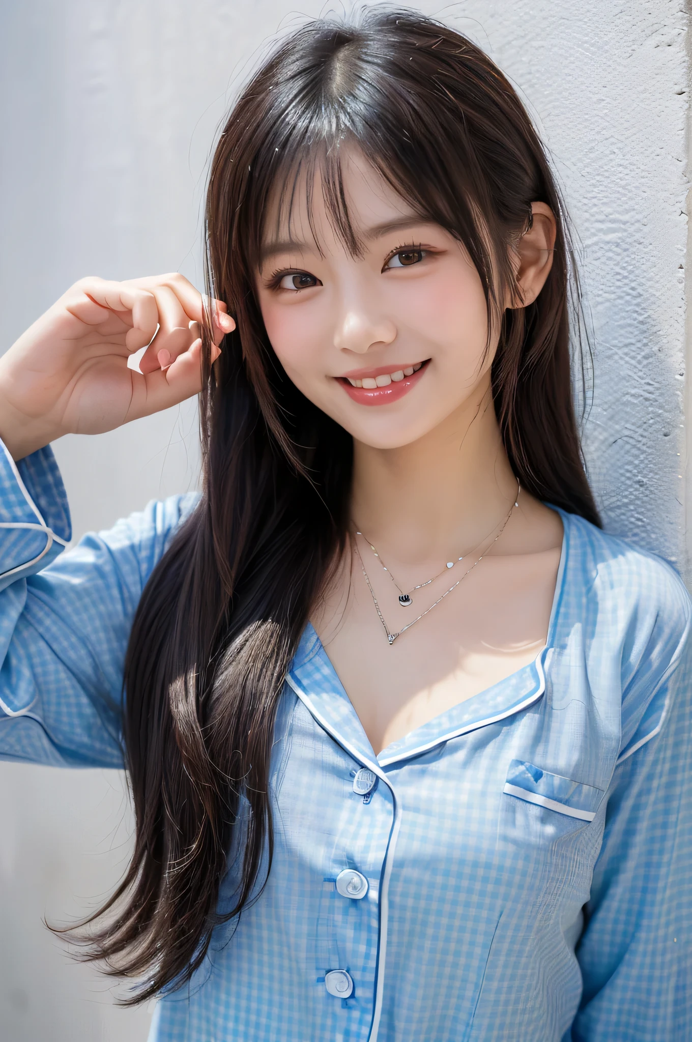 (((top quality、frame in、8k、32K、masterpiece)))、(realistic)、(realistic:1.2)、(high resolution)、very detailed、 very cute face and eyes、1 、round face、Tight Waist、Delicate Body、(close、top quality、attention to detail、rich skin detail)、(top quality、8k、Oil:1.2)、(realistic、realistic:1.37)、bright color、(((I have 赤髪)))、(((Upper Body Shot)))、(((long hair)))、(((cute smile)))、((( Blonde )))、(((These are blue pajamas)))、(((I'm wearing blue gingham plaid pajamas)))、((( I'm touching my hair)))、(((it's a girly hairstyle)))、((( I'm wearing gingham check pajamas )))、(((heart shaped necklace )))、(((I have straight hair)))、((( smiling happily)))、the background is a white wall、