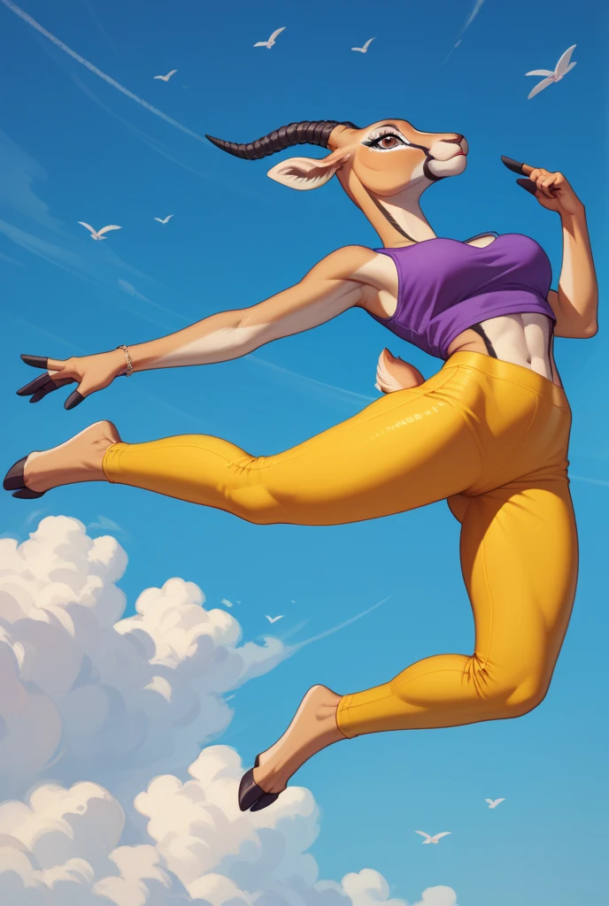 (uploaded on e621,8k, RAW photo,high resolution,high quality), ((masterpiece)), female, ((GazelleZootopia)), (wear adorable shirt), crawling, bent over, pink collar, (tail) (cinematic lighting), backlighting, (shaded), detailed background, by dagasi, (by personalami), beautiful purple eyes, thick leather mittens, leather cuffs,