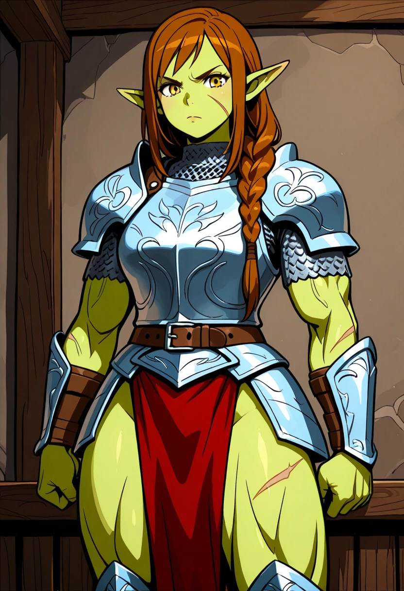 Solo, female, orc, (green skin), fantasy village, muscular, armor redhead