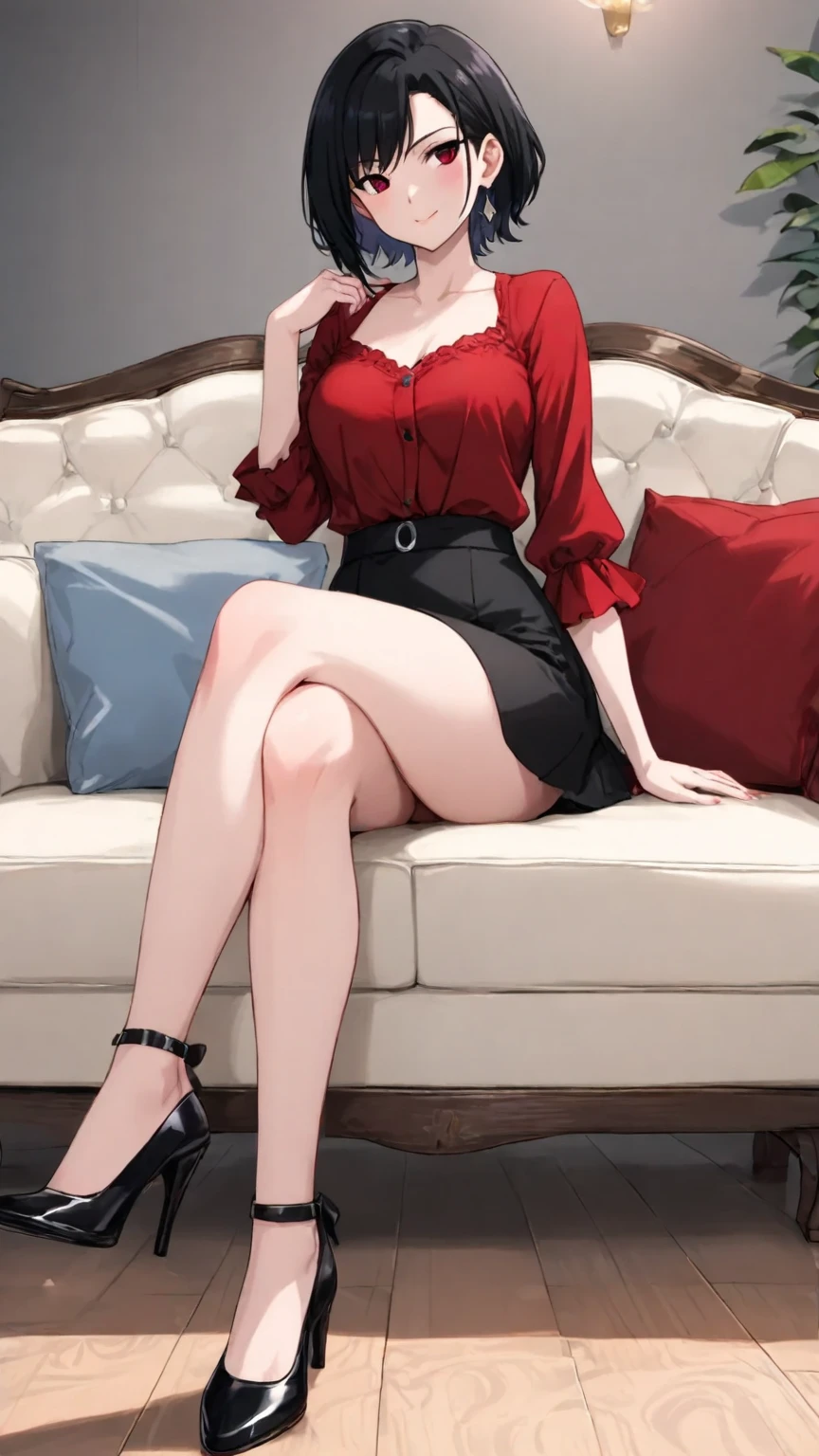 A girl in a dress answering a phone call while sitting on a couch. Perfect body