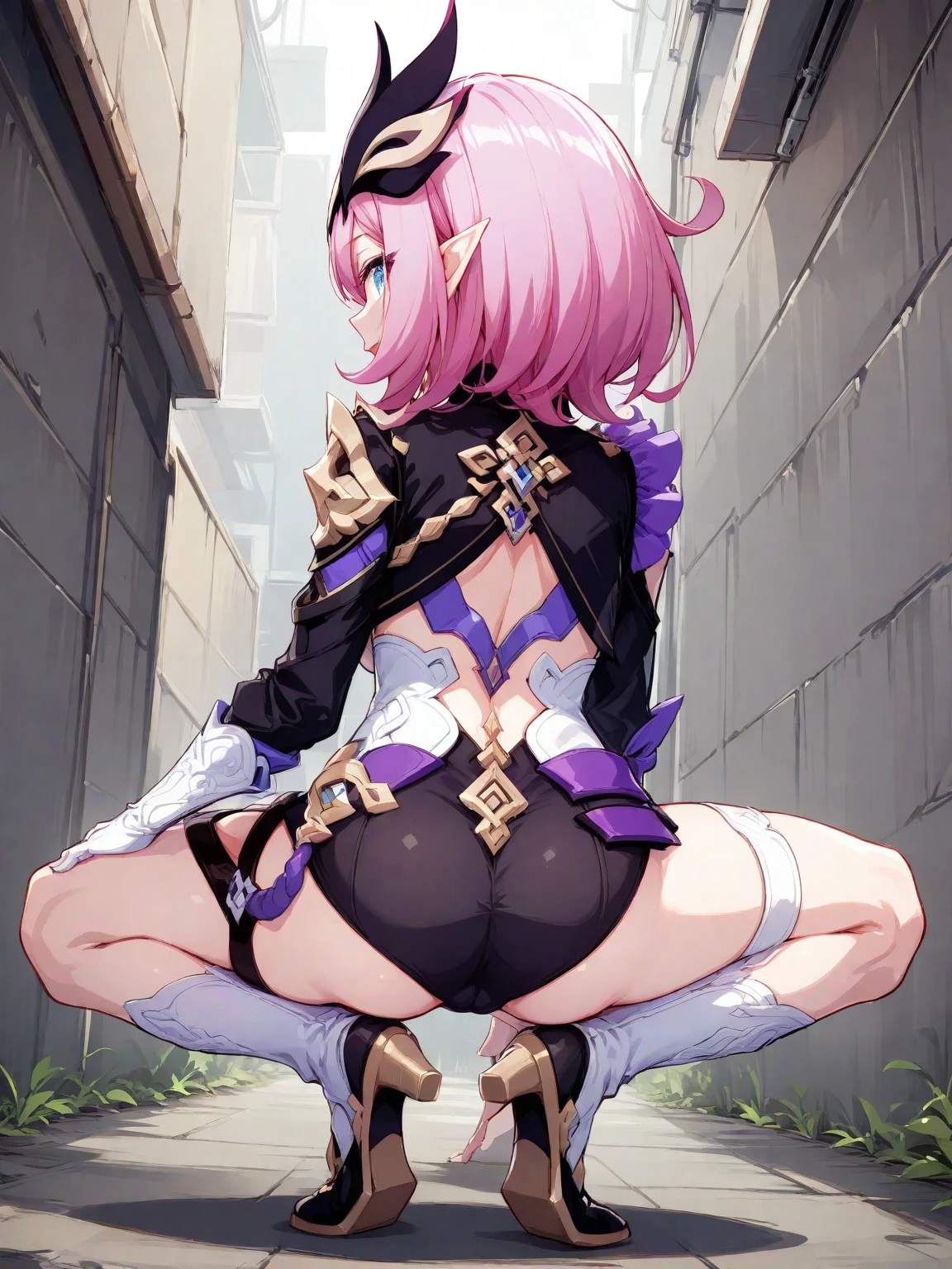 1 girl, high quality, (short hair), pink hair, forehead, blue eyes, (medium breast), straps on thighs:1.3), simple background, (stocking), (cameltoe:1.2),(sweaty:1.1), (nipples:0.8), think thighs