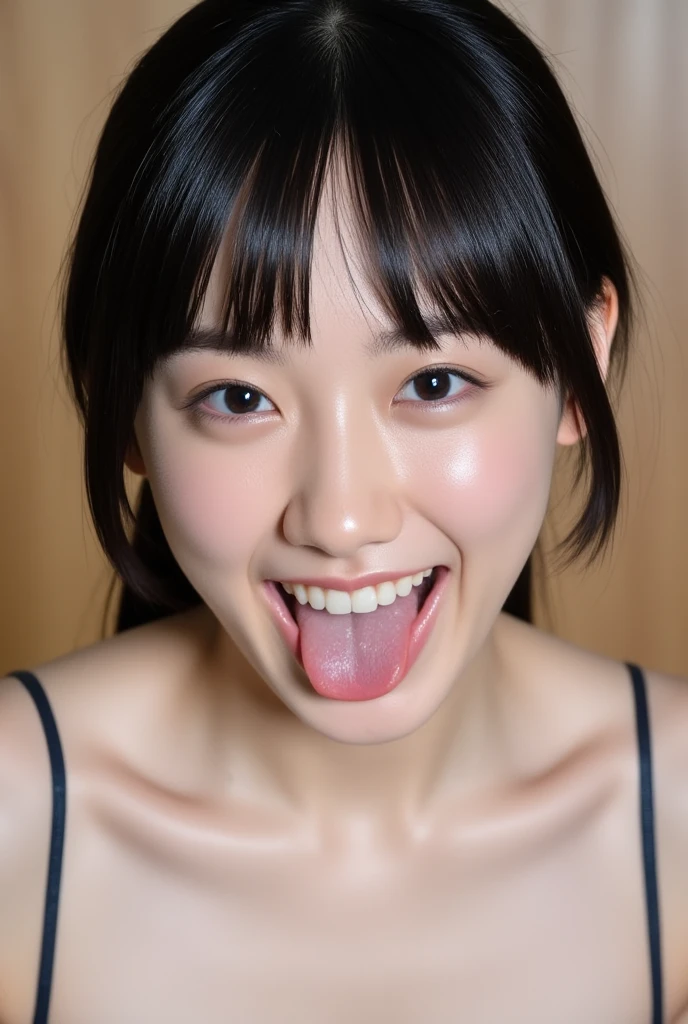 (Highest quality、Tabletop、8k、Best image quality、Award-winning works)、pretty girl、Perfect girl portrait photo、Glowing Skin、Brown Hair、Standing Elegantly、Glowing Skin、White skin、(Face close-up:1.6)、(Open your mouth and extend your tongue:1.5)、(Perfect beautiful tongue:1.2)、(The tongue is covered with saliva:1.2)、(Moist, Shiny, Shiny舌:1.2)、Moisturized Skin、Sweaty skin、Moist髪、Hot Face、Sweaty woman、Cute Smile、(The simplest beige background:1.1)、nude