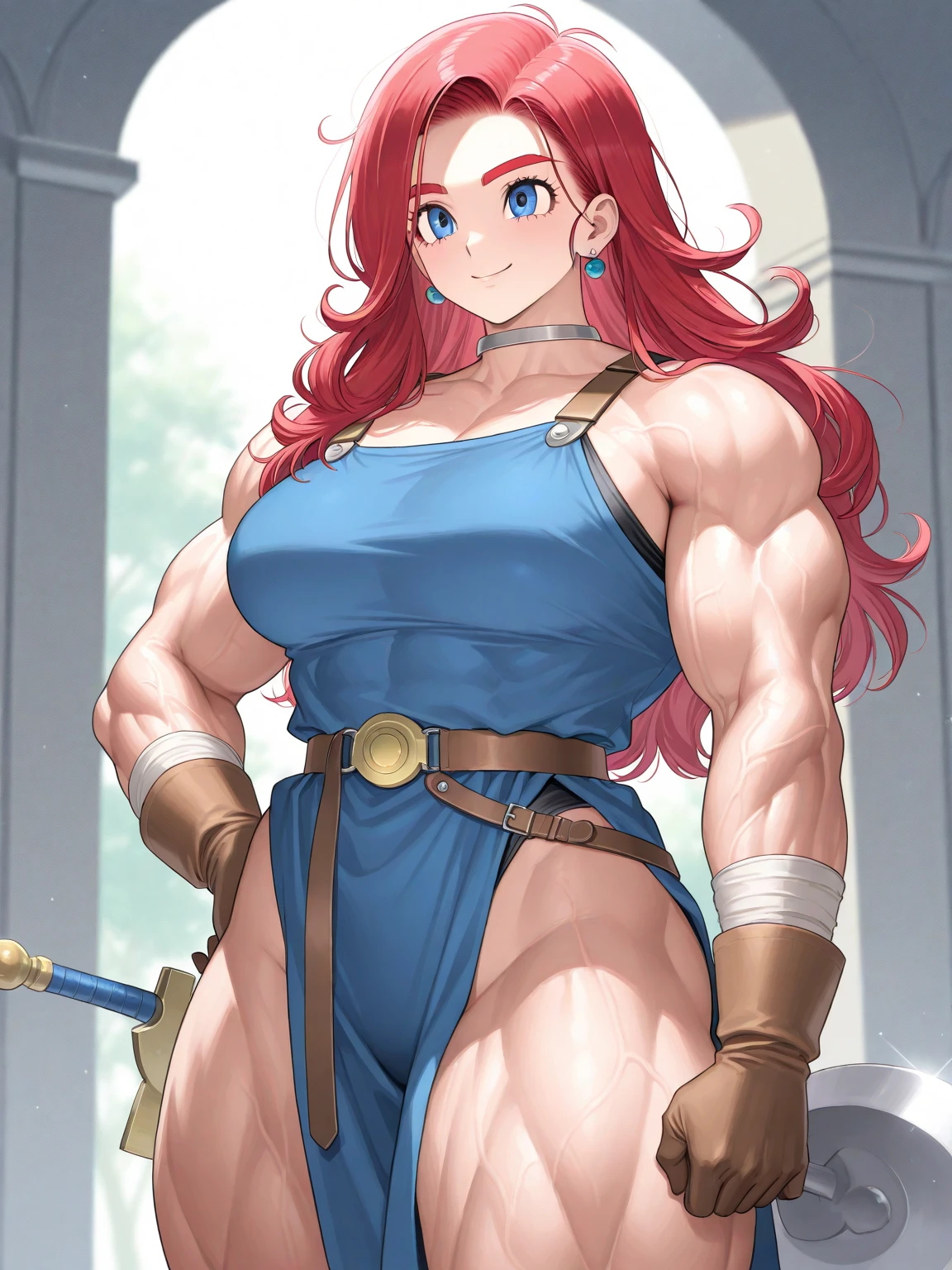 barbarian, muscular female, pink hair, standing, 1character, (huge breasts:1.2), full body, blush