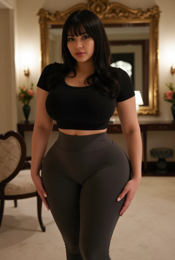 A 21-year-old busty girl wearing a tight-fitting shirt and black shorts. She has thick thighs and seductive legs, with an alluring and confident pose.