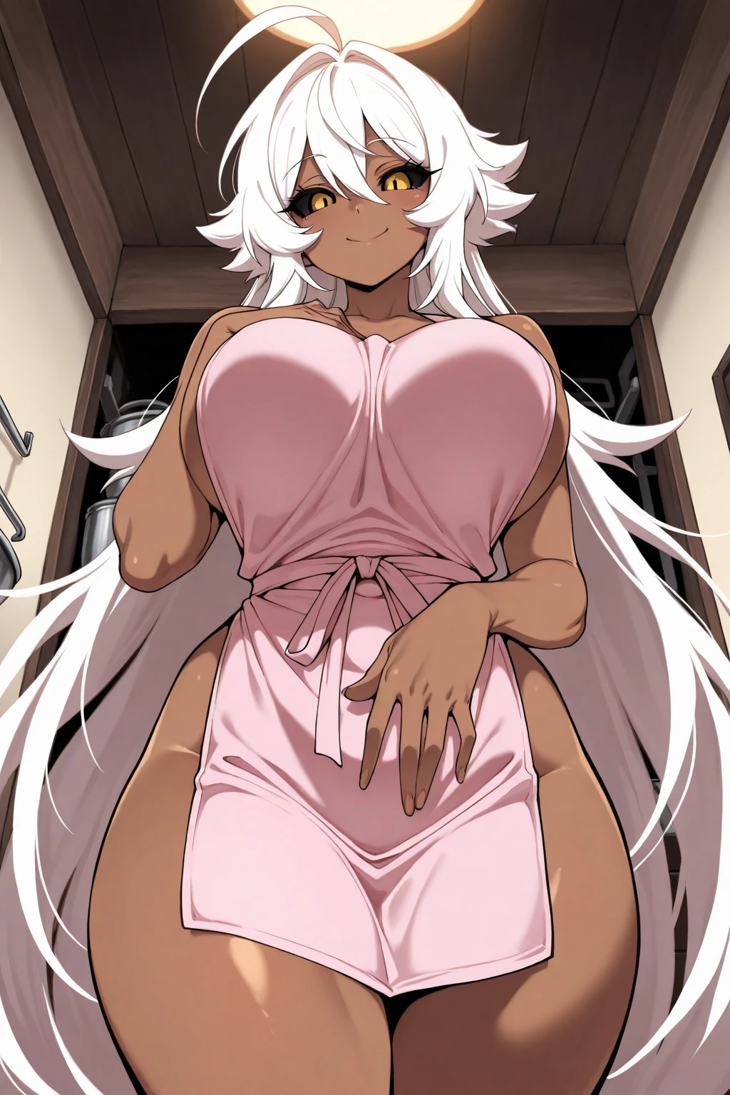 (masterpiece:1.2, best quality), (finely detailed beautiful eyes: 1.2), (extremely detailed CG unity 8k wallpaper, masterpiece, best quality, ultra-detailed), (masterpiece, best quality:1.2), 1girl, female solo, big breasts, rounded breasts, shining breasts, perfect eyes, perfect face, perfect body, seductive, smile, looking at viewer, cleavage, thick body, ebony, white hair, black skin color, black woman, black person, naked, bare, barely naked, completely naked, fullbody naked, brown nipples, nice tits, standing, ass, from behind, we see her ass , pussy, brown pussy, wet pussy, sperm on pussy, sperm in pussy, creampie, ahegao, rolling eyes, cross-eyed, open mouth, tongue out, naughty face,
