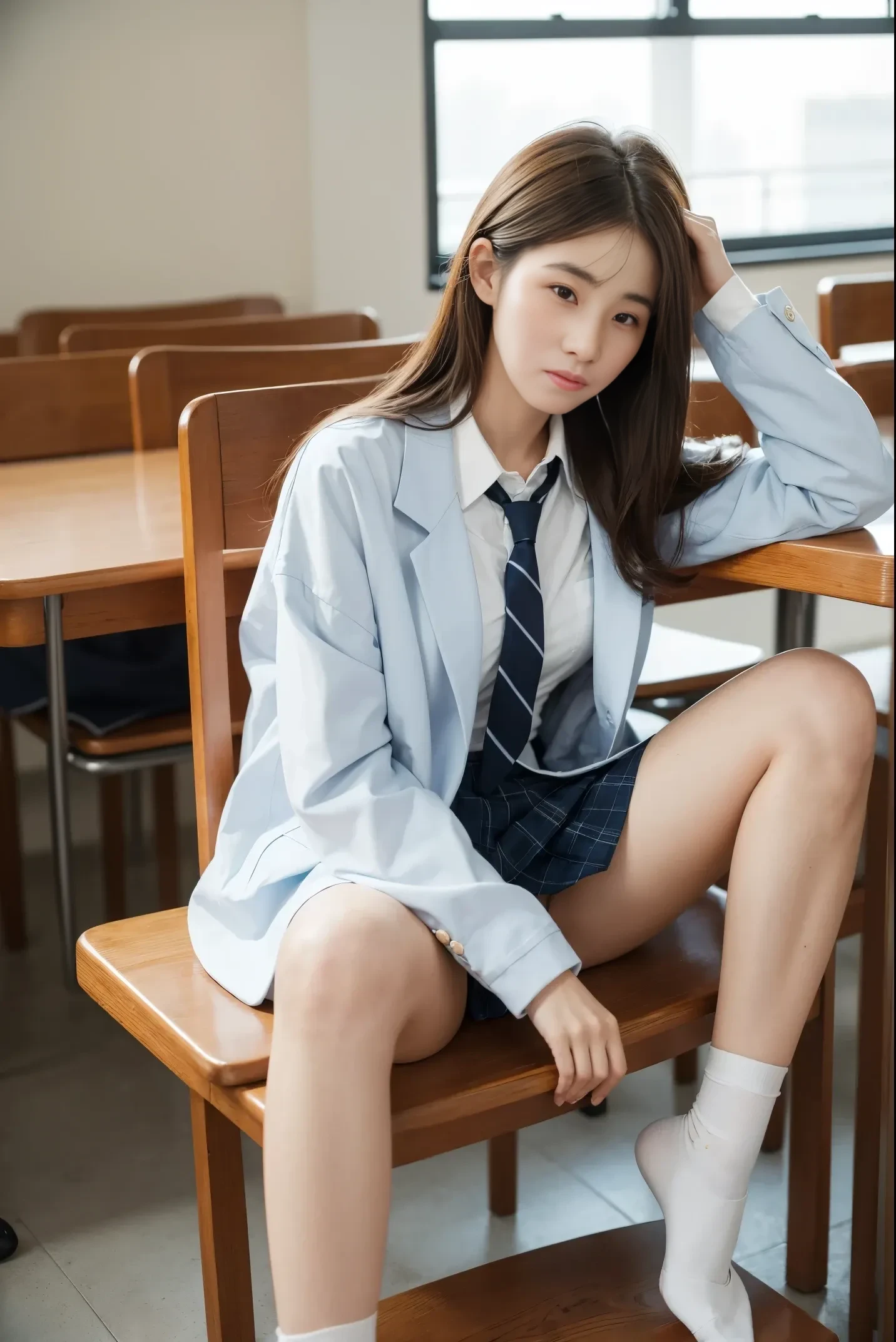 Top Quality、Hight Resolution、extremely highly detailed、masterpiece、Raw-Photo、realisitic、Photorealcitic、very delicate and beautiful.、delicate detail、textured skin、1girll、Solo、soio、18-year-old Japanese girl、Wearing a high school uniform、class room、(Body facing the camera:1.3)、(Sit on a school chair with your legs spread to the sides:1.2)、(Show me your white panties:1.2)、Dark blue jacket and plaid skirt、white shirts、Tie、Black Loafer’s face is really pretty.:1.5)、Tall、Brown hair、(bare legs:1.1)、proporções perfeitas、(Do not expose the upper body)、(In SFW)