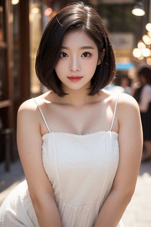 black hair, hair bobbles, longeyelashes, solid circle eyes, light smile, mole under eye, heart earrings, light smile, shy, puckered lips, Surrealism, drop shadow, stereogram, pov, atmospheric perspective, depth of field, first-person view, f/1.8, 8k, super detail, ccurate, best quality, highres, best quality,full body