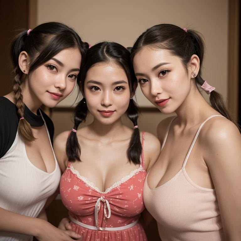 Family photo, mothers and daughters, large Breasts, Vietnamese, smile, teens, pham, Nguyen, tran, celebrity, family, ((open clothes, tits, flashing tits)), young, multiple girls, hair bun, ponytails, realistic, 8k uhd, promotional, hair bun, short hair, almond eyes, sexy, shirt lift, absurdres faces