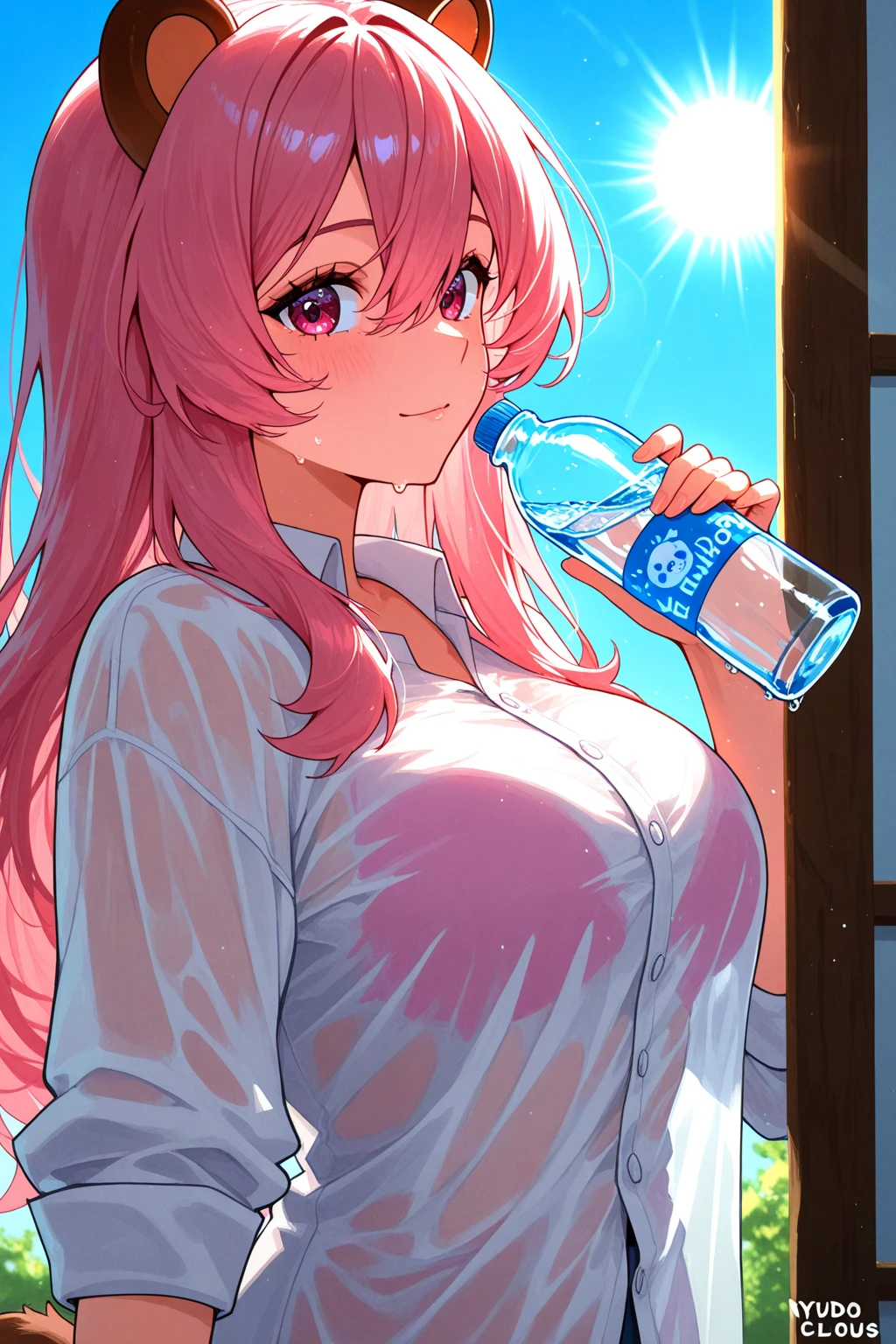 masterpiece, best quality,1girl,<lora:pouringontoself-13:1>,pouringontoself, pouring, pouring onto self, milk, bottle, milk bottle,holding, upper body,holding bottle, cleavage,