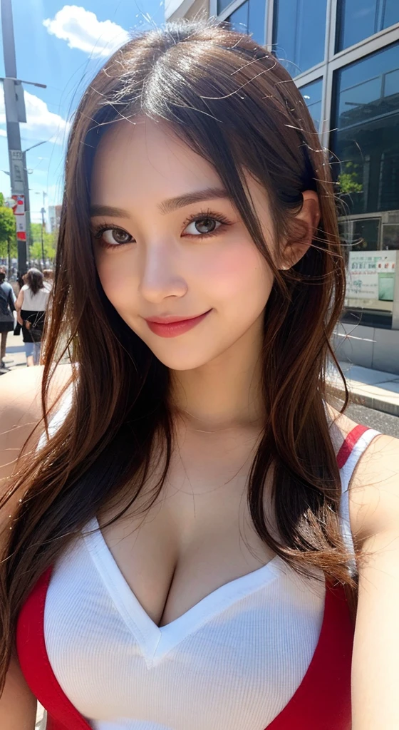 (((Beautiful woman standing in a windy park:1.3))),(Hair soars in strong winds:1.3),(The strong wind makes the shirt fly:1.3),(Skirt floating in strong wind:1.3),Holding down her frilly skirt with her hands:1.3),Off the shoulder,White shirt,Looking at the audience,whole body,From above,look up,Beautiful Hands,(Reddish brown wet shiny short messy hair),Blushing,Pointed red mouth,Big Breasts,Accentuate your breasts,Perfect body curves,Beautiful clavicle,((Expressing happiness through facial expressions:1.3))),Nice face,
Detailed clothing features,Detailed hair features,Detailed facial features,Looking into the camera,,(Dynamic and sexy pose),Cinematic Light,(Highest quality,Written boundary depth,Intricate details,The contrast of light and shadow、The subject appears three-dimensional,) ,Digital single-lens reflex camera, (Realistic),(Picture Mode Ultra HD,)
