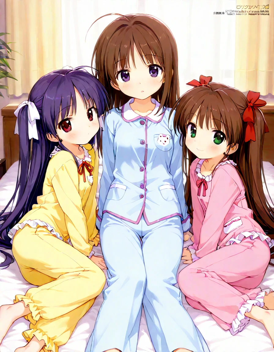 perfect anime illustration, 2girls, twins, brown hair, curly hair, long hair, different hair colors, hazel eyes, smiling, white skin, matching outfits, highres, bedroom, full body