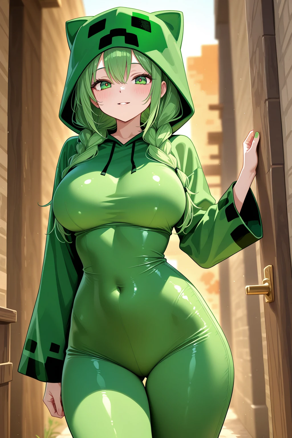 ((masterpiece, best quality)), highres, 8k, cinematic light, high contrast, depth of field, intense glow, detailed background, 1girl, cute, detailed eyes, sparkle in eyes, detailed iris, grin, stylized, (green_hair:1.3), messy hair, (hair over one eye), luminous, dreamer, dreamy eyes, sleepy, (yellow_eyes:1.3) enchanted green eyes, hood, hoodie, frog hoodie, (frog hood:1.5), froggy, (frog in disguise:1.3), unzipped hoodie, (naked hoodie:1.3), large breasts, cleavage, belly button, (green_hoodie:1.3), cute, cute smile, (blushing:1.3)