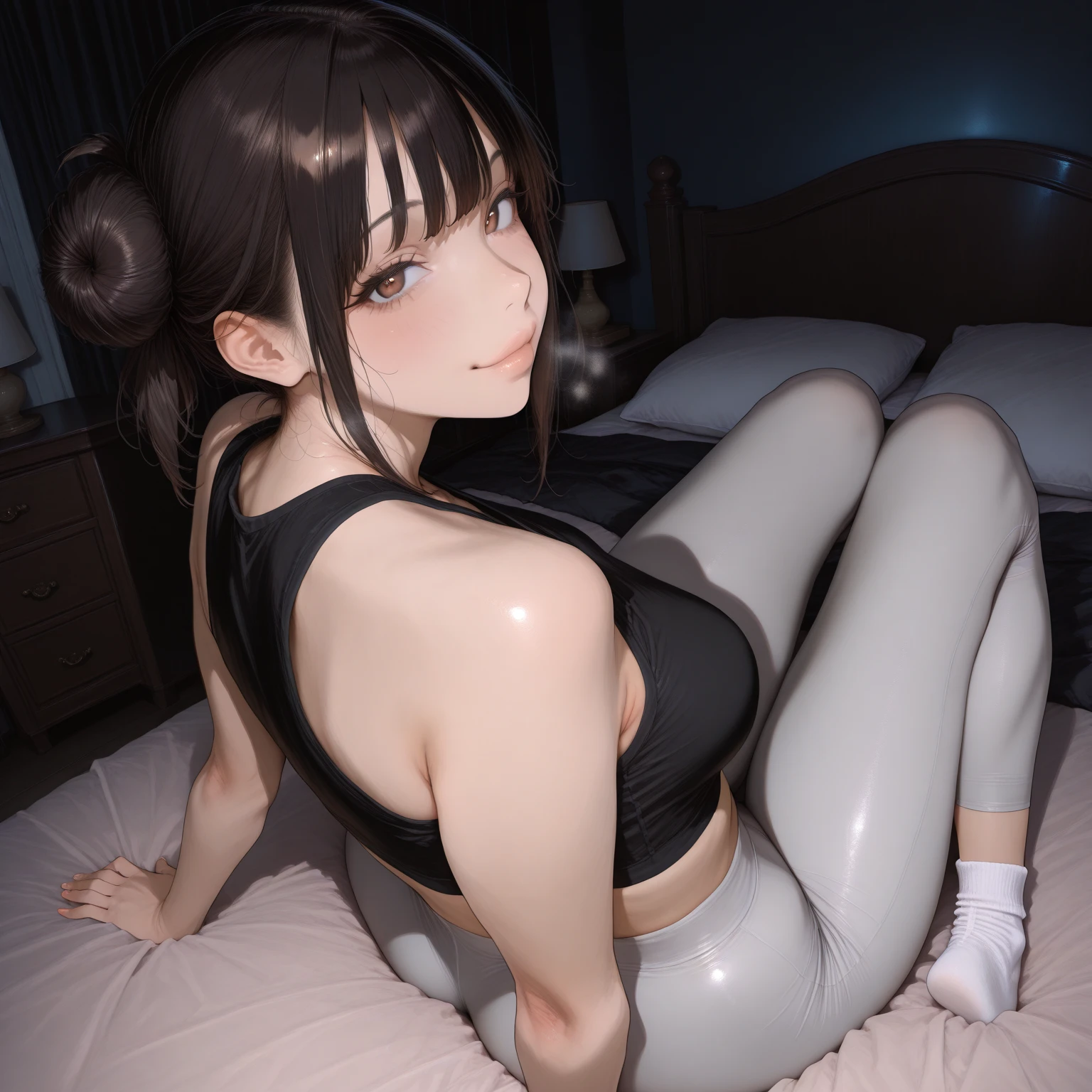 solo, A girl, young 17 years old, Sweat profusely, Wearing sweat, (small beautiful hard mamillas:1.2), Wear a transparent low-necked white tennis uniform that is completely soaked in sweat, No underwear, Mini skort, Transparent thin lace panties soaked with sweat, (barefoot:1.2), leaning forward, (legs opened wide:1.1), kneeling, long legs, Big breasts, Thin waist, Squat on the bed, in the tidy room, looking straight ahead, smile, put your hands behind your head