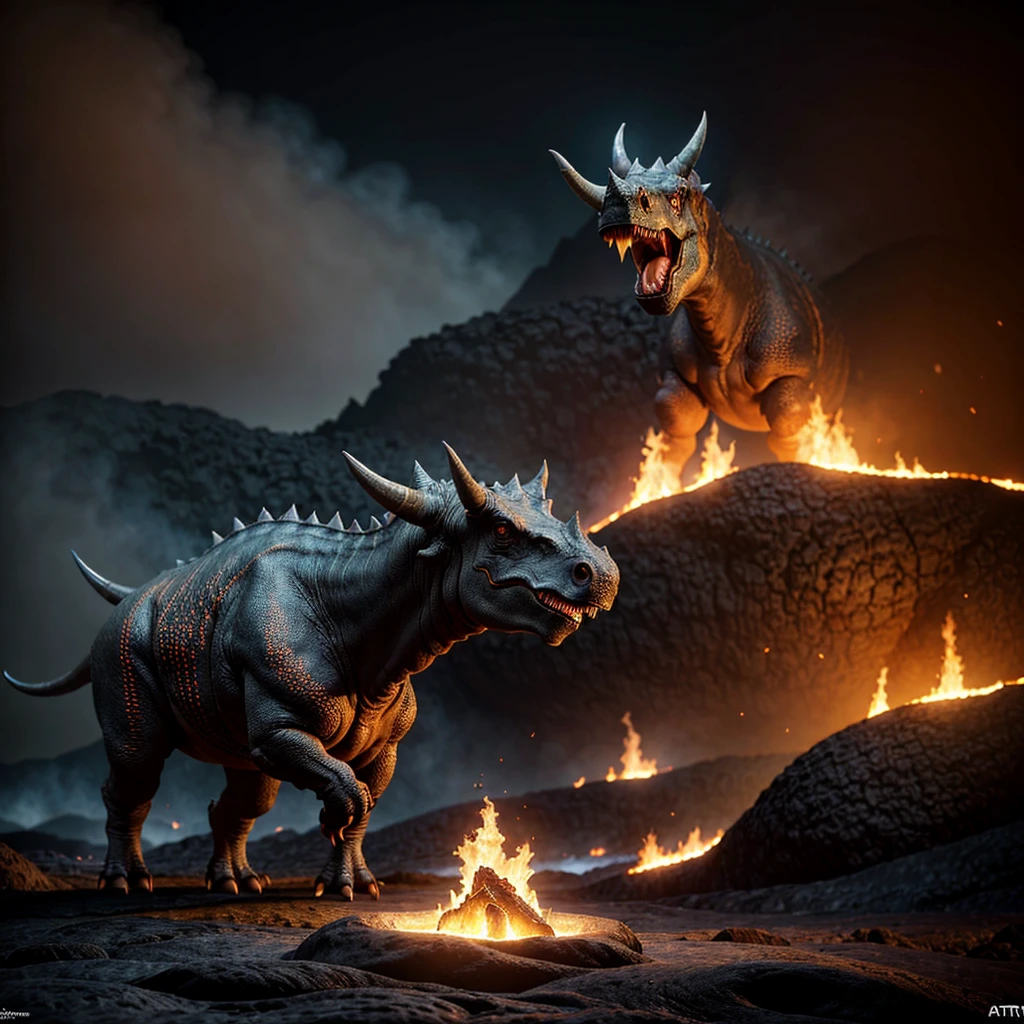 A mechanic dinosaur with sharp eyes standing in front of a volcano. The dinosaur has a metallic, robotic body with intricate details and glowing red eyes. The background features an erupting volcano with lava flowing down its sides and smoke billowing into the sky. The scene is dramatic and intense, with the dinosaur looking fierce and powerful. The lighting emphasizes the metallic sheen of the dinosaur's body and the fiery glow from the volcano.
