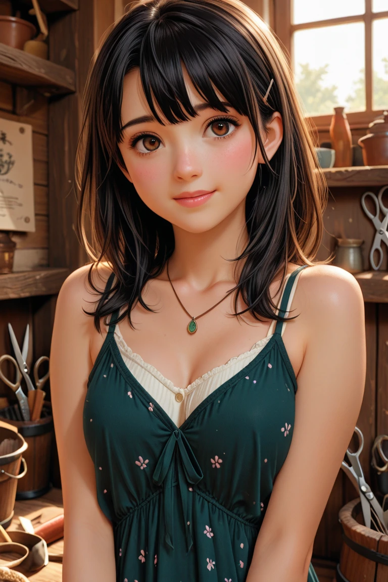 Wavy long hair, Brown Hair, One person, Emerald Eyes, Shake with two fingers, Pink Lips, Pastel Green Dress,