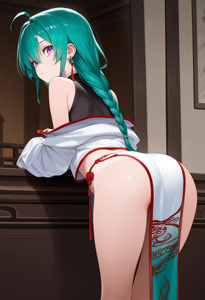 NSFW,Long Hair、Green Eyes、bangs、Pointed Ears、hair ornaments、White Hair、Symbol-shaped pupil、Multicolored Hair、Side Ponytail、Gradient Hair、Green Hair、Hair between the eyes、Cross-shaped pupil、smile、gem、葉っぱのhair ornaments、bracelet,Shrine maiden、kimono、Sleeveless,Hakama Short Skirt,(Sideboob:1.5),(Perfect hands),(Perfect Anatomy),(masterpiece),(highest quality),(Embarrassed:1.5),blush,Shy laugh,shrine,torii,Japanese style,Crouching with legs apart,First Person View