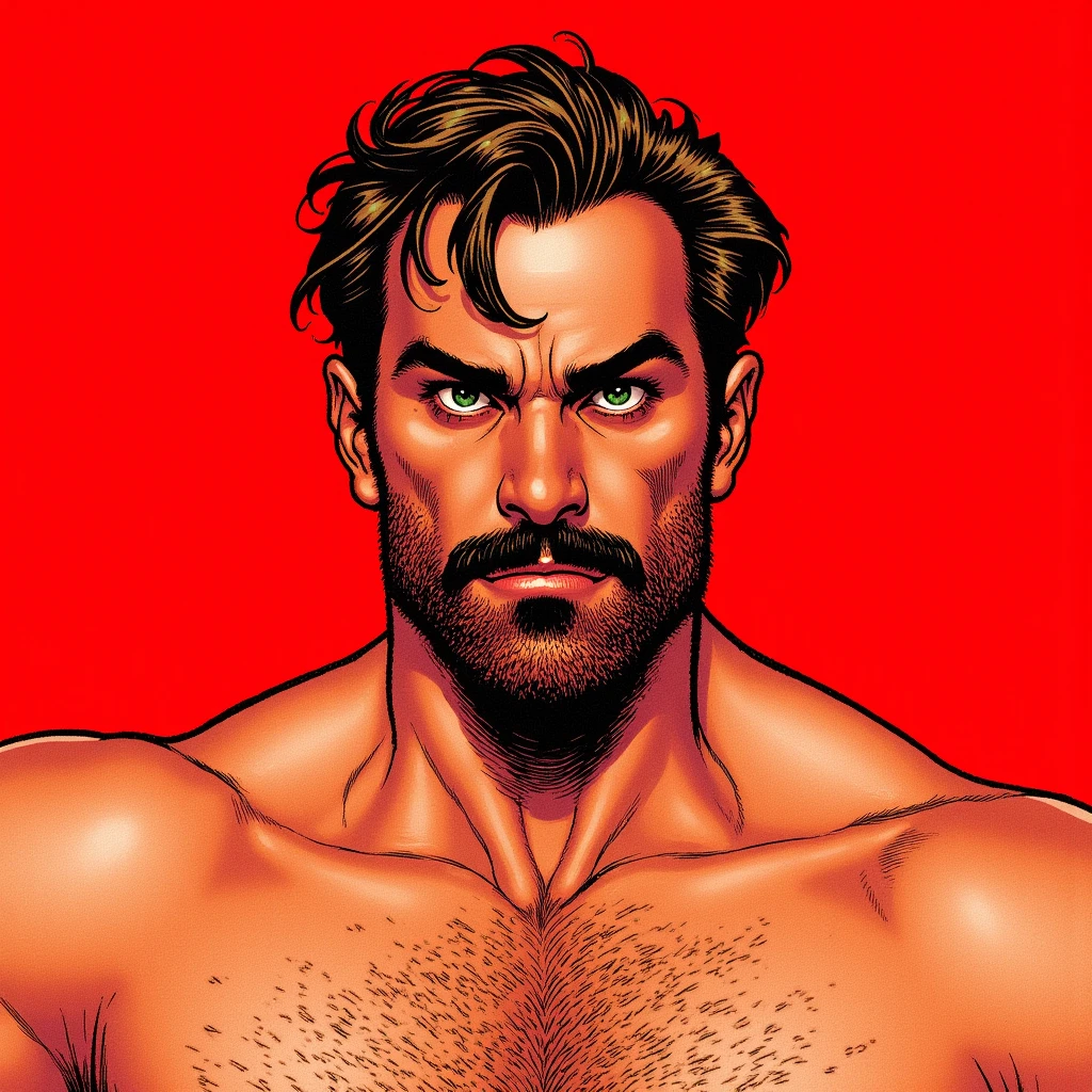 a man, shirtless, chest showing, body hair, big beard, front view
