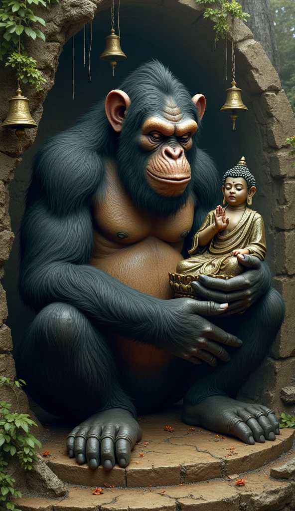 Chimpanzee cub with indigenous headdress on head, ((meditating)) large colored feathers, facing the camera, detail: sitting in the middle of dense tropical foliage, highly detailed intricate, ((masterpiece)), ultra hyperrealistic, masterpiece