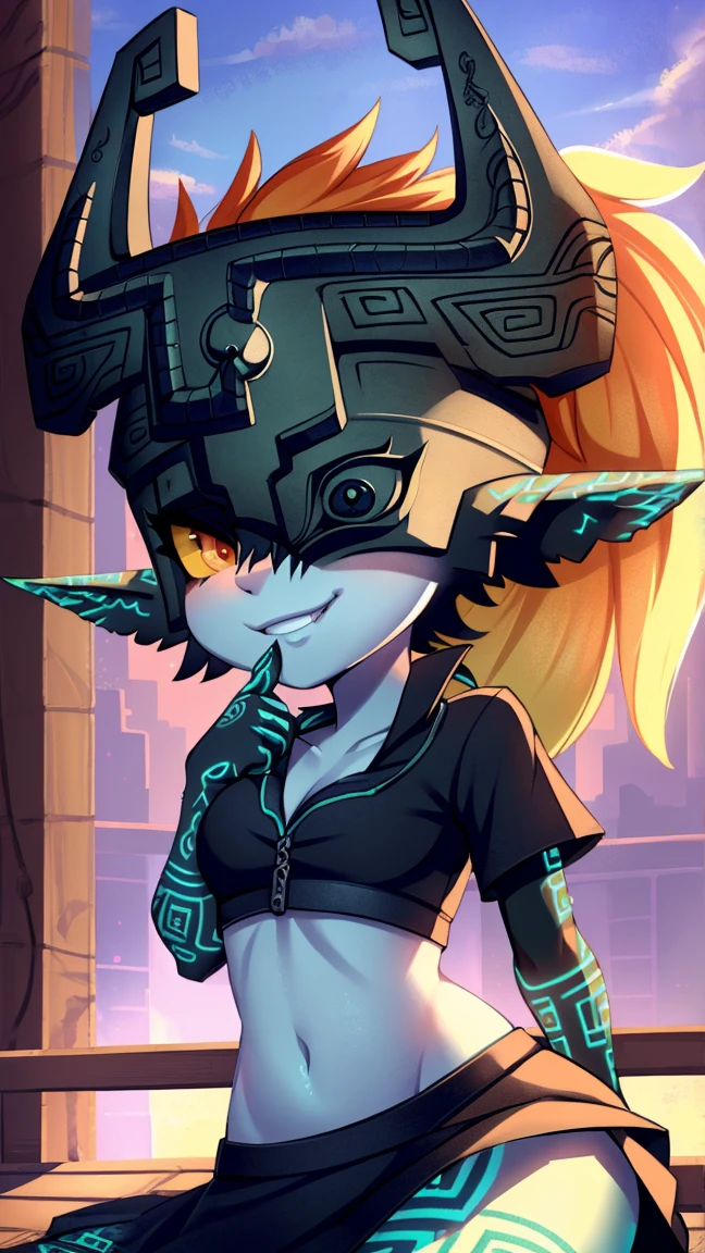 score_9, score_8_up, score_8, (curvy), cute, eyelashes,       BREAK, , zzMidna, colored skin, pointy ears, orange hair, helmet, multicolored skin, two-tone skin, yellow sclera, one eye covered, shortstack,  <lora:MidnaZelda_PDXL:0.8>,, BREAK, smile, looking at viewer, cowboy shot, ,,, embedding:zPDXL, Expressiveh, ,,, <lora:Zy0n7_PDXL:0.8>, <lora:SDXLFaeTastic2400:0.5>, <lora:Expressive_H-000001:0.4>,