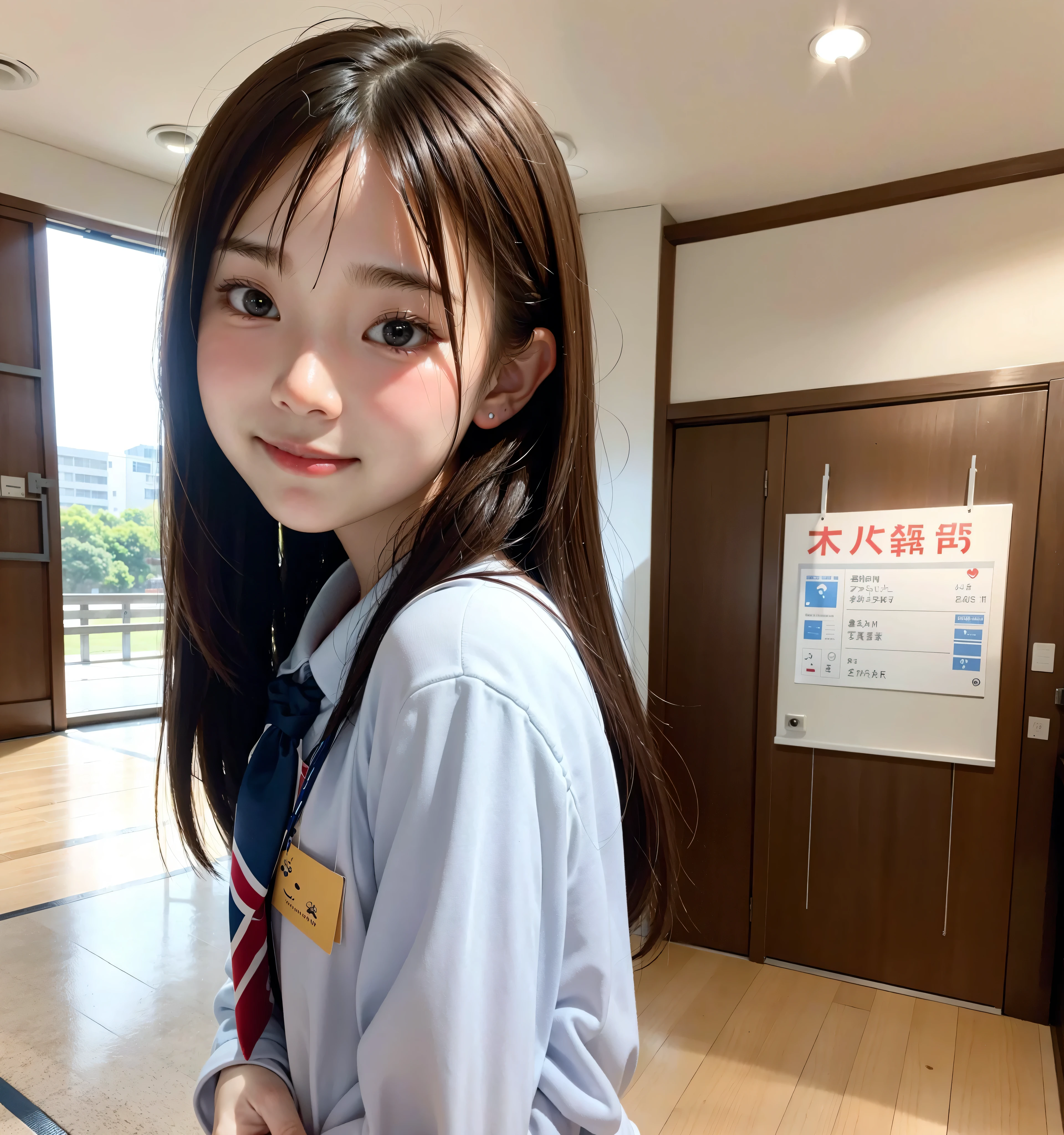 S,Line up quietly before entering the claSSroom, elementary School StudentS, 女の子,かわいい, MaSterpiece, DetailS,Smile