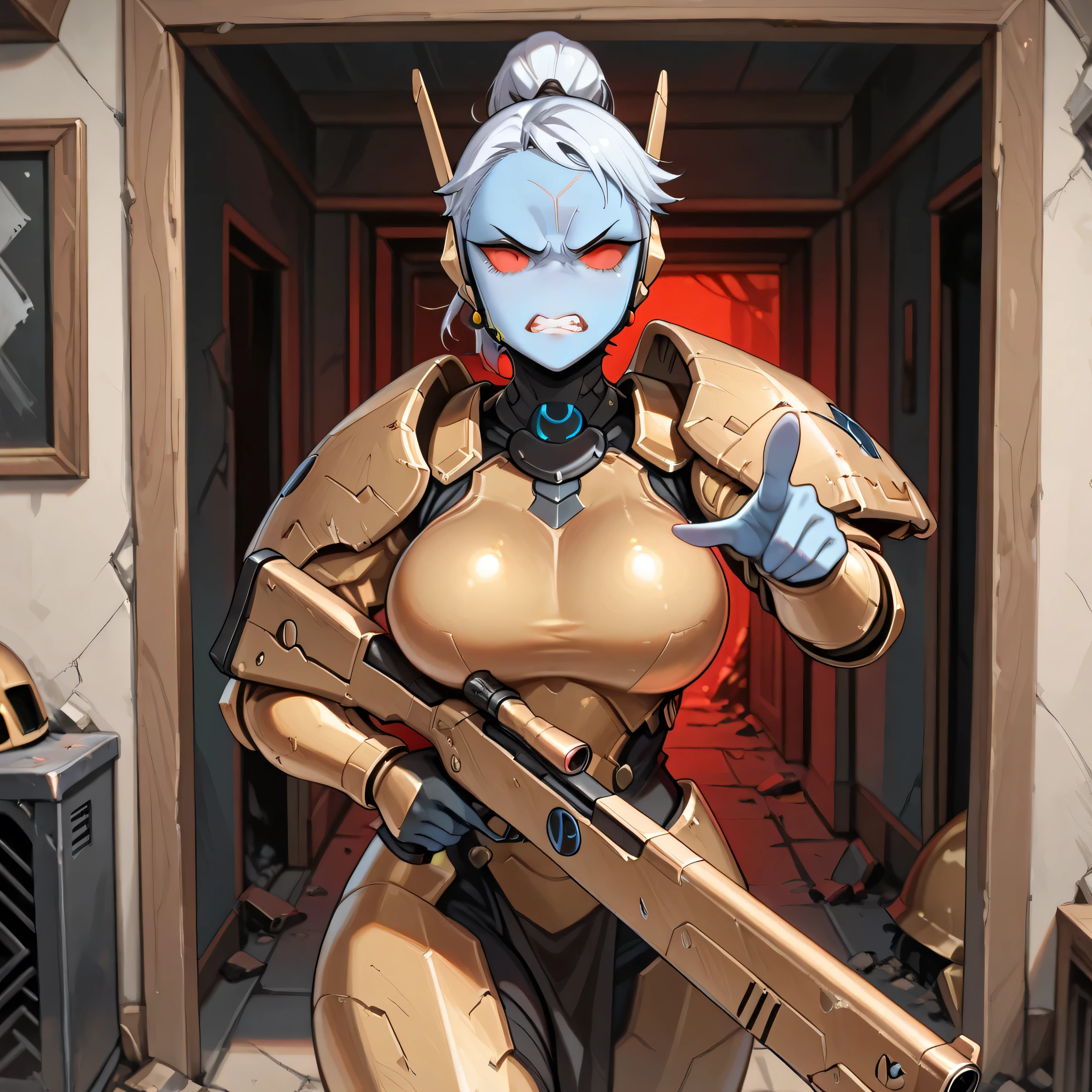 very aesthetic, masterpiece, best quality, amazing quality, in house, BREAK, 1girl, solo, tau-il, red eyes, solid eyes, blue skin, no nose, armor, large breasts, holding rifle, pointing rifle at viewer, angry,