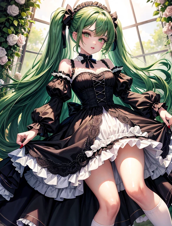 Thick dark green hair、Dark green long hair、Straight bangs、Braid、White Beret、hair ornaments、Drooping eyes、Silver Eyes、smile、earrings、Shoulder Bare、Big Breasts、ribbon、White clothes、See-through、skirt、Black tights、Black garter belt、Italy