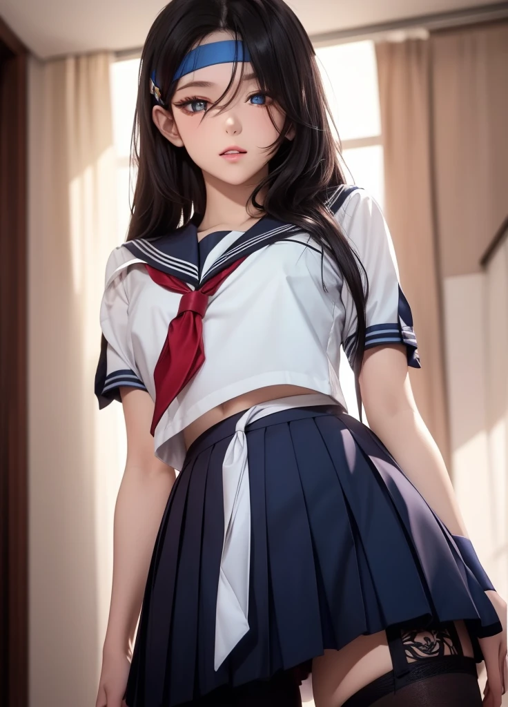 (masuter piece, Best Quality), Angle from the front、Black hair, Glowing red eyes, Petite, (hi-school girl)、(High school girl uniform)、(( up skirt)), Lace panties、a short skirt、(Patterned panties)、 Front view, Malvese, crass room, Smile, Fun, Volumetric lighting, Sunlight, 发光、(Realistic butt)、The bra is sheer