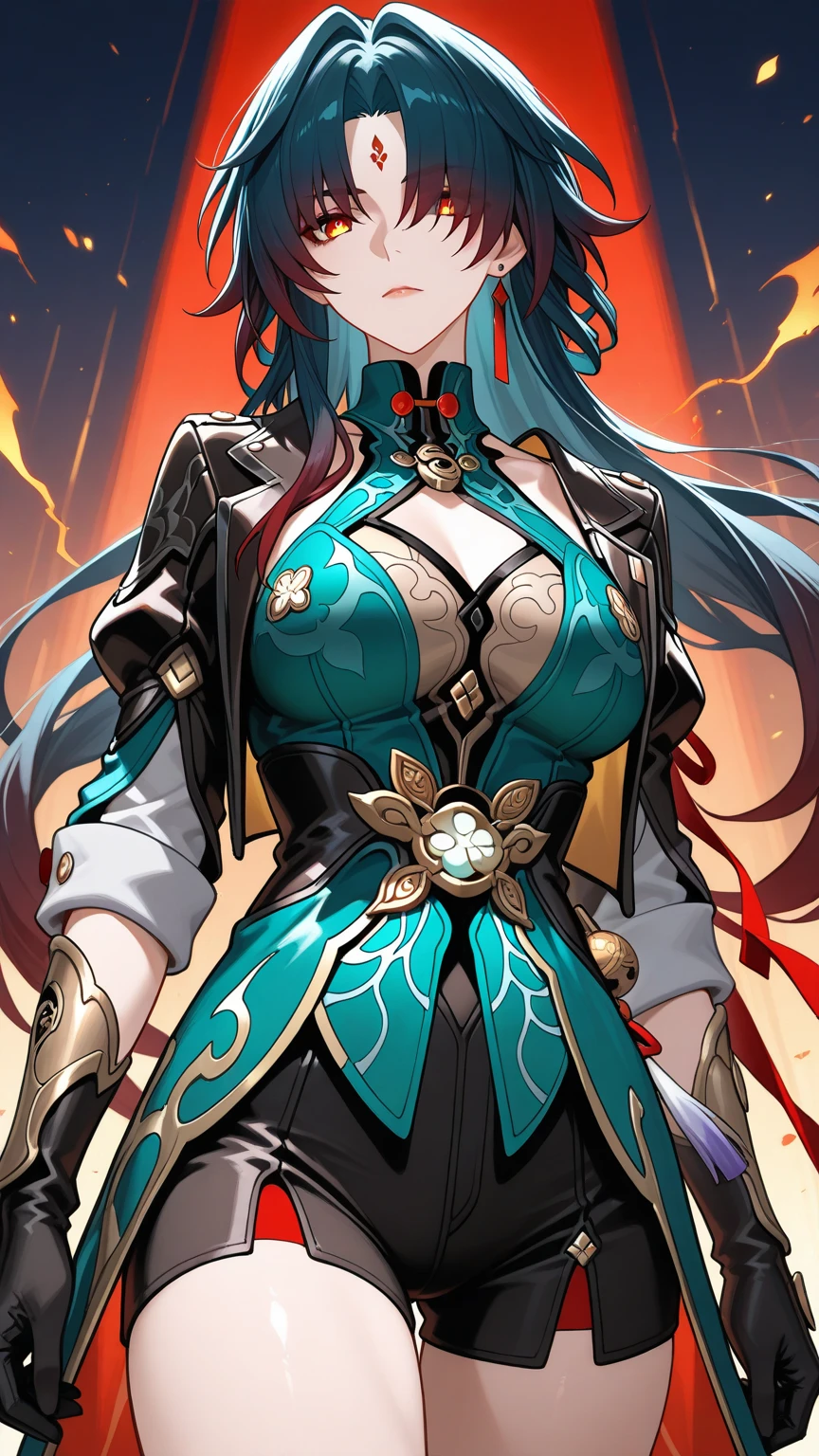 1girl, standing,arms behind back,blue eyes, black hair, large breasts, hair ornament,malicious smile, <lora:phantyliaV2:0.8>,
