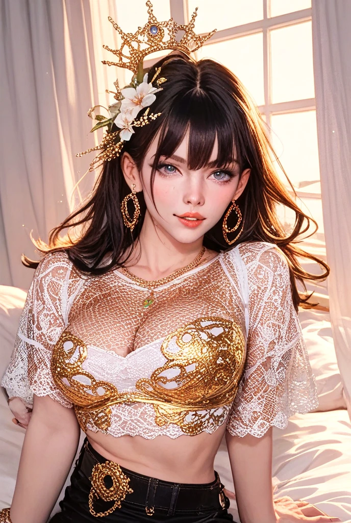 Mature Woman, Looking at the audience, Attractive breasts,Sensual curves、bubble、Full Body Shot,Nightgown, Charming smile, Thick lips, plump唇, blush, Looking at the audience, Provocative expression, Beautiful Hairstyles, Cleavage, plump、Curvy Hips、Attractive face、Mischievous face、Sexy Lingerie、An inviting gaze、Expressing emotions、colored feather, Money属装飾品, particle, Light, (masterpiece, highest quality, highest quality, Official Art, beautifully、aesthetic:1.2), (1 girl:1.3), Very detailed,(Fractal Art:1.1),(colorful:1.1)(flowerズ:1.3),Most detailed, (Dynamic pose), (Shiny skin), (Many colors :1.4), ,(Earrings:1.4), (feather:1.4),masterpiece,Mr.々Hair style,Moneyのヘッドバンド,Tulle covers the chest,Perfect balance, Detailed details of the garment,marble,cinematicLighting, Film Grain, contrast of Light and dark,High detail,(((Gorgeous Accessories))))、Openwork decoration,(((See-through dress)))、(((Anatomically correct body))) ,1 girl, (High resolution), (8k), (Very detailed), Perfect Face, Beautiful eyes and face, (((highest quality))), (Very detailed), Detailed face and eyes, Beautiful Eyes,(((Sexy pose))),Beautiful Eyes、Transparent double eyelids、(((Super gorgeous background)))、Bright Eyes,Money,diamond,gem,Body Chain,Luxury Accessories,beautifully、aesthetic,flower