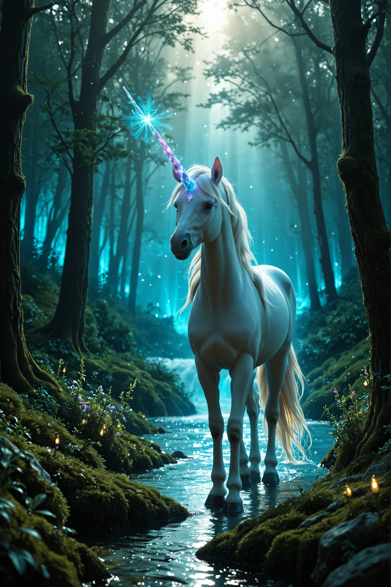 A gentle unicorn with translucent, glowing horn standing by a crystal-clear memory spring in a moonlit forest. The unicorn’s mane flows like water, and glowing memory fragments float above the spring. The atmosphere is calm, mystical, and emotionally resonant. Fantasy anime style, high detail.