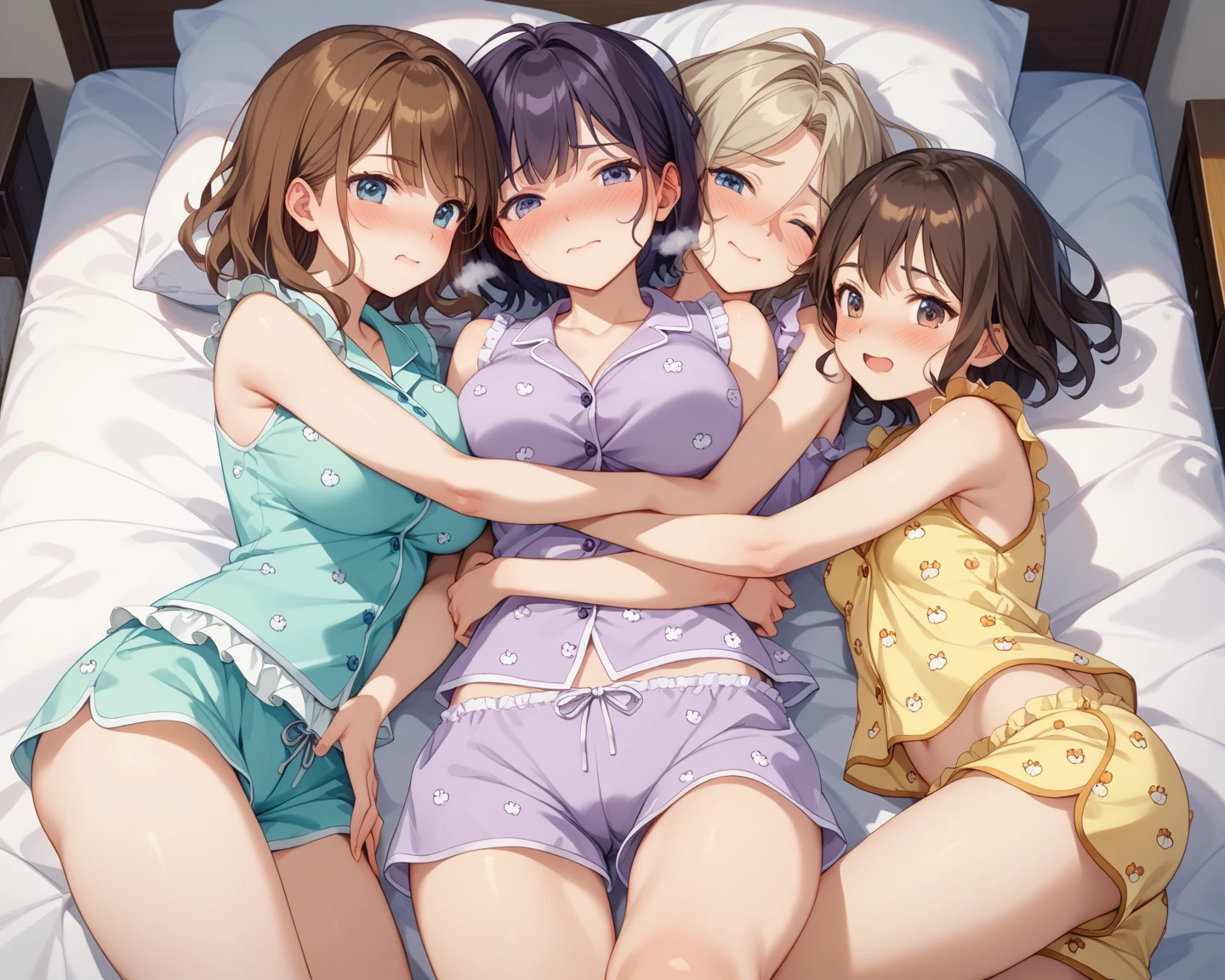 (Highest quality), (masterpiece), highly detailed, Ultra-high resolution, 2 ladies, Mature Woman, Mikasa sisters sleeping side by side, close together, On the left side of the bed, MikotoMikasa is sleeping without noticing while I insert my penis into her and have sex with her in a tight camisole. While I insert my penis into her, Mikasa is sleeping on the right side of her with one leg spread in a tiny camisole. I finger fuck her vagina with my right hand., whole body, Eyes that are uniform in shape, Sleeping with both eyes closed, Brown Hair, Short hair with the right side parted and the hair swept back, Short hair with the nape of the neck flipped outwards, Short side hair, She has a full head of pubic hair, Beautiful Vagina, White semen is spilling out from the gap between her vagina and my penis inserted in her vagina., A small cross-section of a uterus with a penis expelling semen in the background,