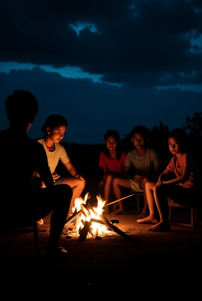 Distressed color photo of children at summer camp around campfire saying goodbye, group photo, several children aged 12 to 13, end of season