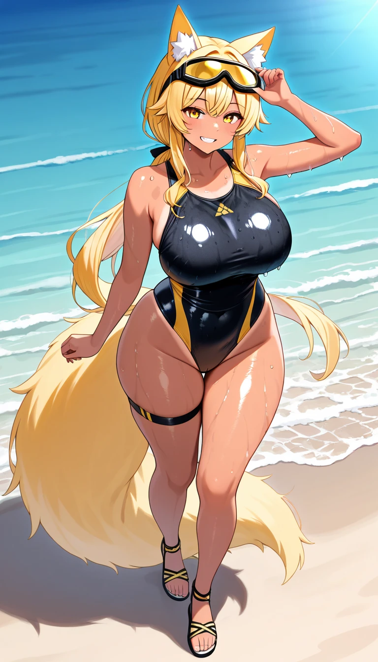 amy, ponytail, bangs, long hair, fox ears, fox tail, thick thighs, large brrasts, 1girl, wide hips, ponytail, black bodysuit, bodysuit, futuristic, machinery, science-fiction, tech