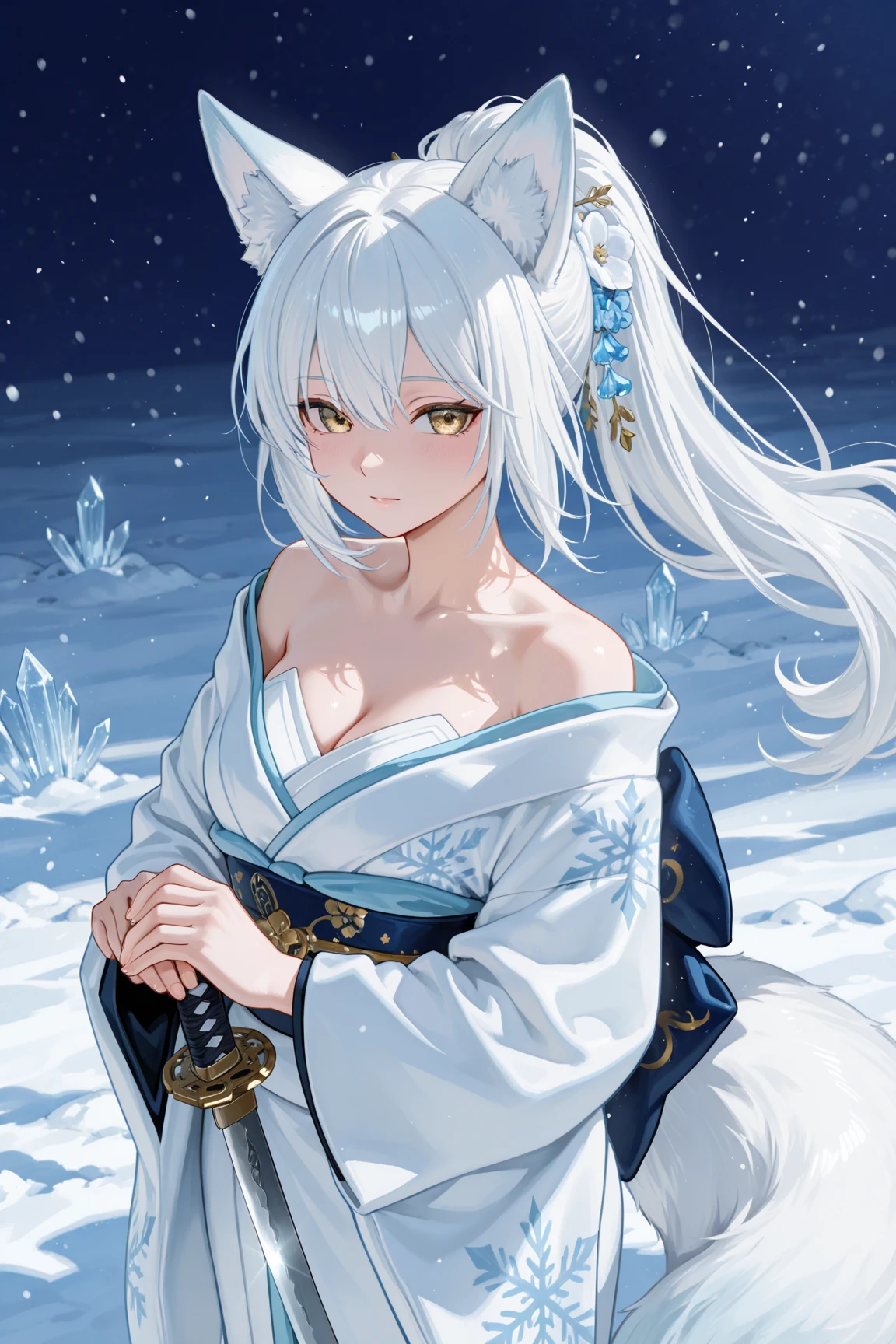 [[[ ultra-detailed, best quality, soft skin, beautiful, 4K]]] white hair,perfect blue eyes, tied-up hair, slender body, dynamic angle, white choker, white and blue upper loose kimono, white fox ears, calm expression, female, snowy palace gardens background, serious expression. walking angle, ((little horny smile)), bare shoulders,  easy like, scenery 