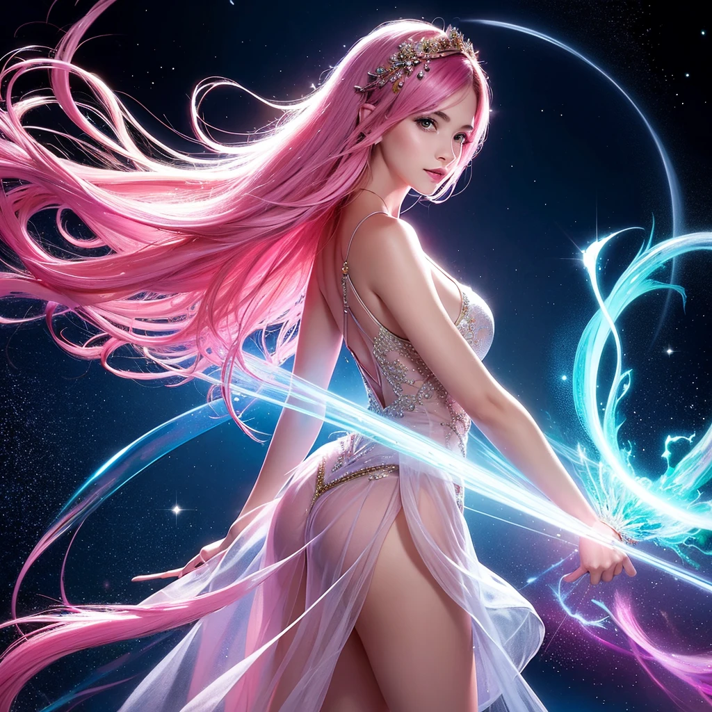 Fantasy art masterpiece, radiantly glowing with a cosmic hue, showcasing an alluring female figure. Her curly black, pink, and white hair cascades down her back, shimmering with the ethereal light. delicately adorned with a sprinkling of magic dust on her face, adding an extra magical touch to her already captivating appearance. The background bursts with comic dust, dancing and swirling around her, adding a whimsical and imaginative atmosphere to the scene. This hyper-realistic depiction is sure to leave you spellbound with its intricate details and captivating allure.
Fantasy art of the highest quality,