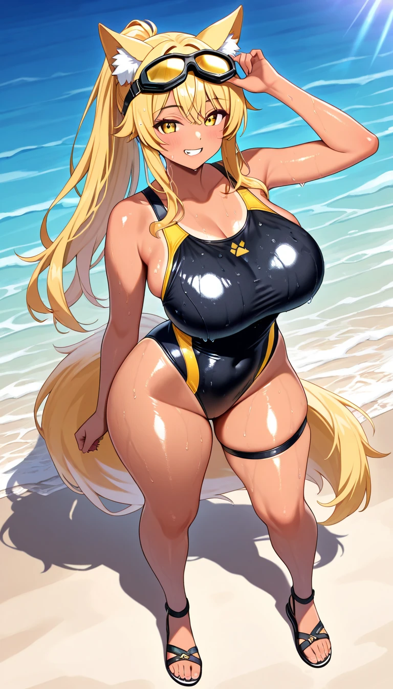 1girl, large breasts, wide hips, thick thighs, brown hair, ponytail, yellow eyes, smirk, smug, smile, one-piece swimsuit, competition swimsuit, black swimsuit, pool, sleeves, long sleeves, yellow trim, yellow line, bare legs, masterpiece, ((masterpiece)), ((high quality))