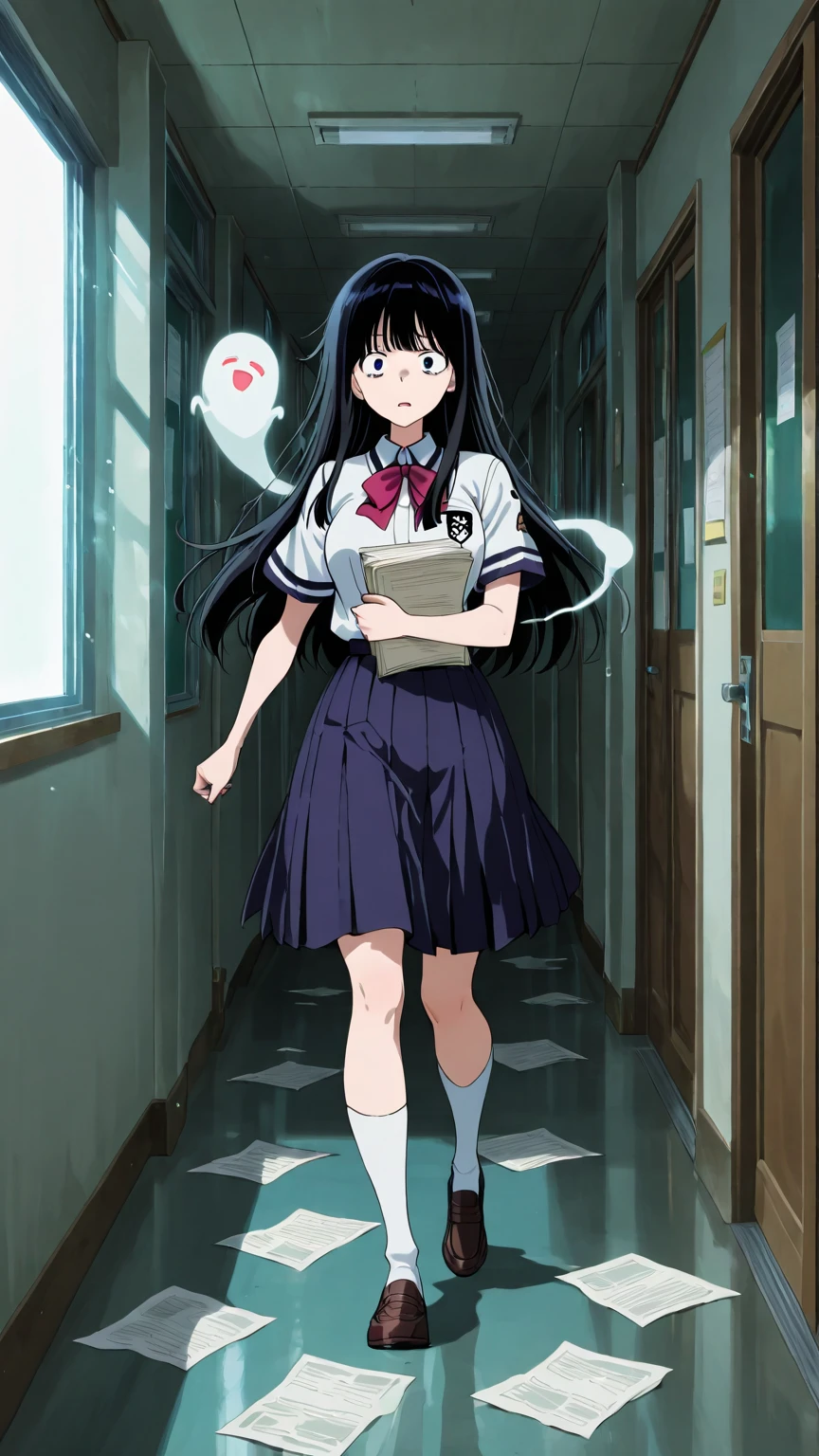 Clumsy Japanese ghost schoolgirl accidentally walking through walls and getting stuck halfway. Traditional seifuku uniform, long black hair, but comically confused expression. Books and papers floating around her in chaos. School hallway setting with motion blur from her supernatural mishaps. Cute and spooky atmosphere, soft lighting with whimsical touches.