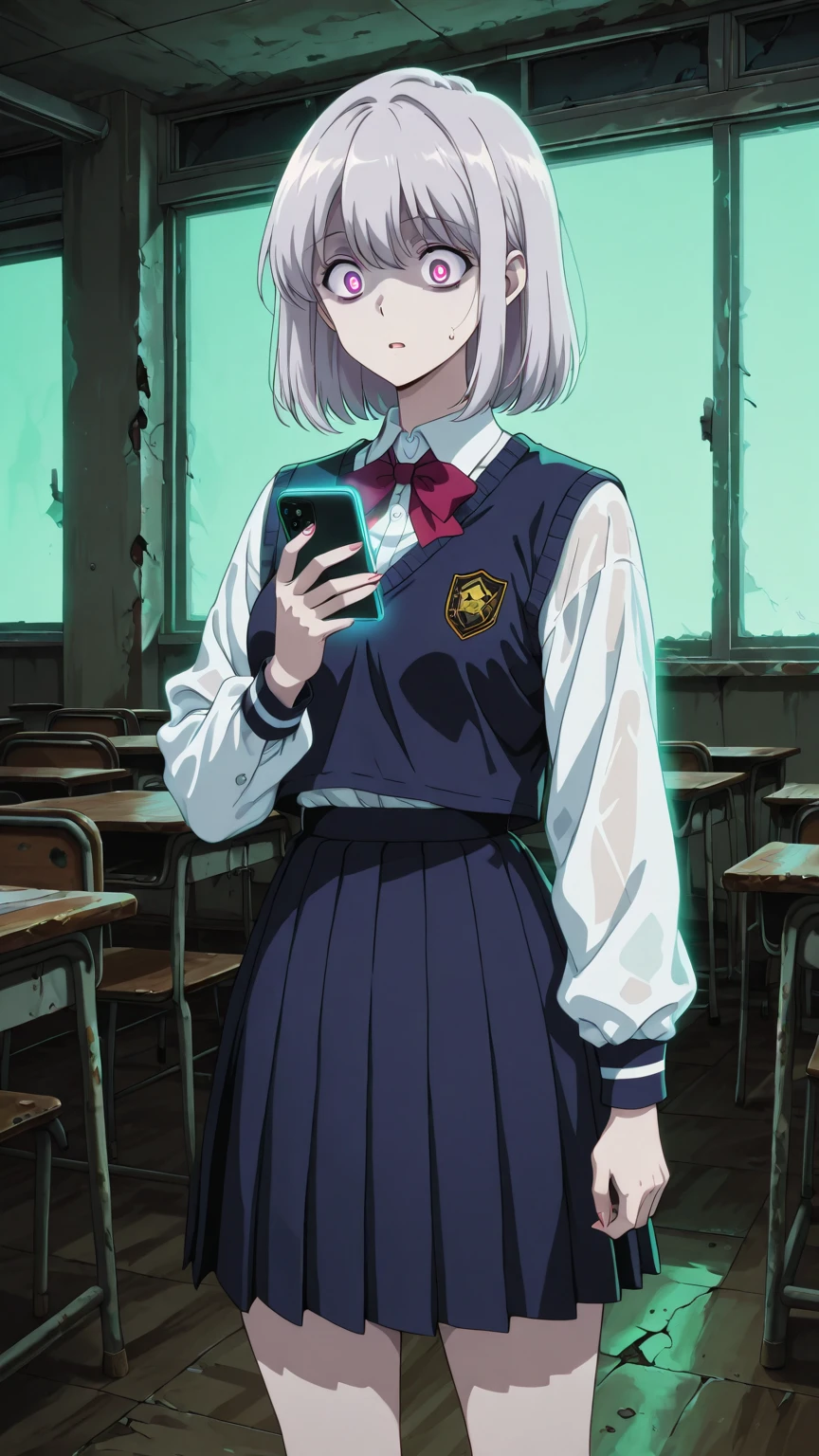 Modern ghost schoolgirl using smartphone while floating in abandoned classroom. Traditional uniform but holding contemporary gadgets, confused by modern technology. Translucent appearance with glowing screen light on her pale face. Retro school setting mixed with modern elements. Humorous contrast between old-school horror and digital age.