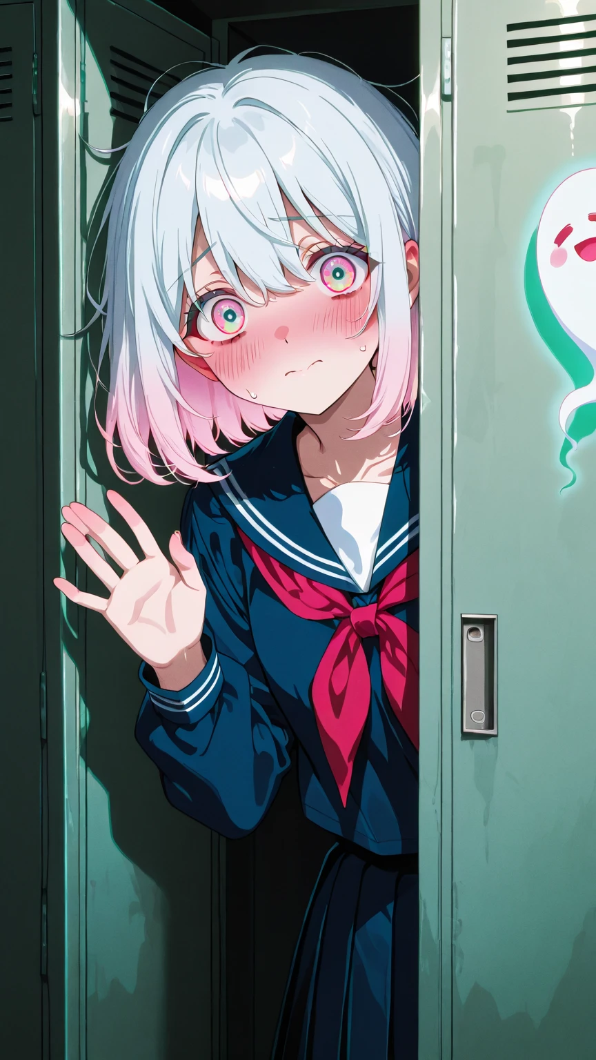 Shy Japanese ghost girl peeking timidly  school locker, only half her face visible. Blushing cheeks despite being a spirit, traditional uniform slightly disheveled. Other students' belongings scattered comically around her. Cute horror aesthetic with pastel undertones, soft kawaii-style lighting creating friendly spooky mood.