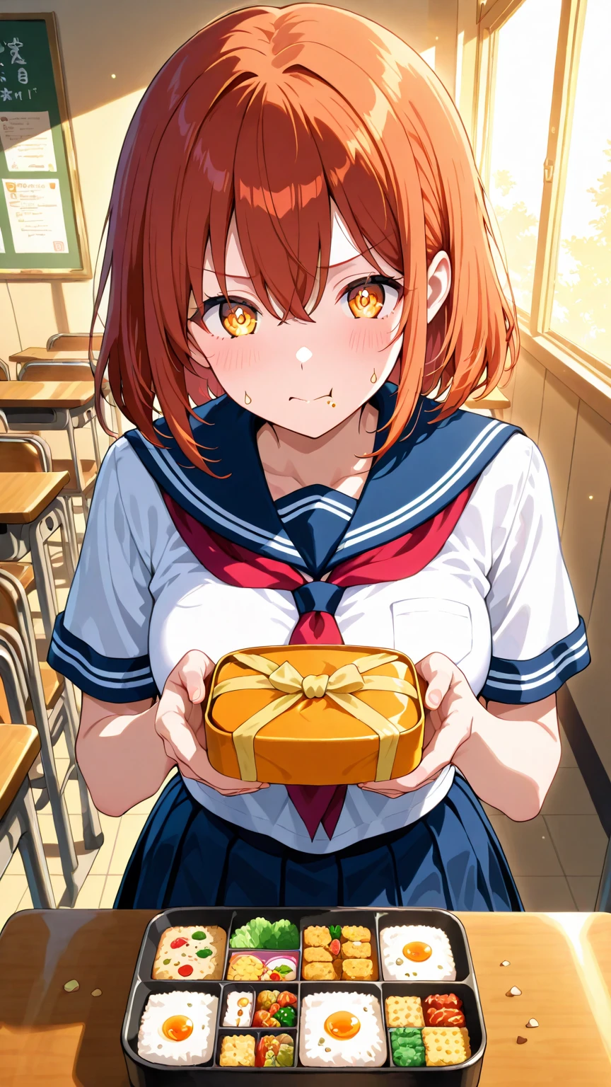 Hungry ghost schoolgirl surrounded by floating bento boxes and snacks in school cafeteria. Trying to eat but food passes through her translucent hands. Frustrated but adorable expression, traditional seifuku with crumbs mysteriously sticking to her uniform. Warm lighting with comedic food chaos background.
