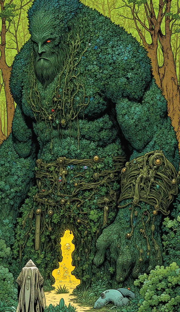 DC character Swamp Thing (vines, flowers, powerful human form) is in battle with a horde of Zombies. broken zombie parts flying. horror comic. night forest