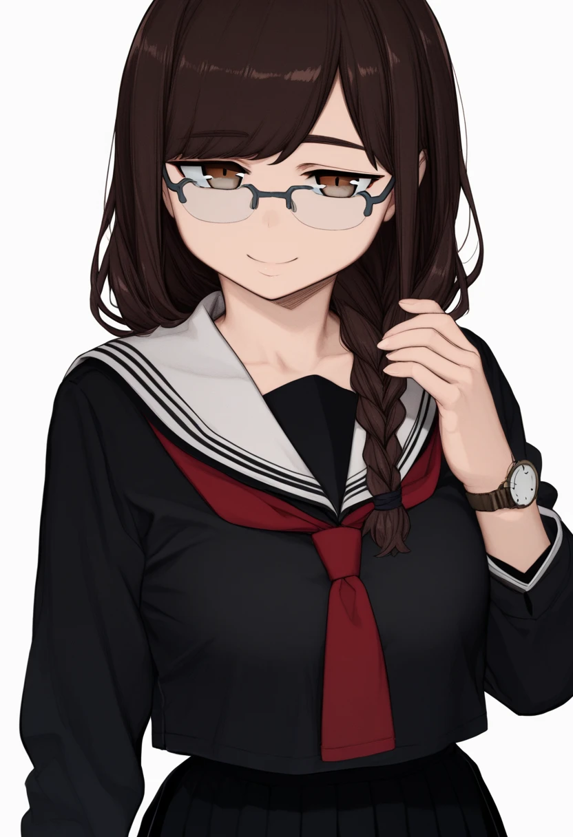 Girl with long dark brown hair, curtain bangs, freckles, glasses