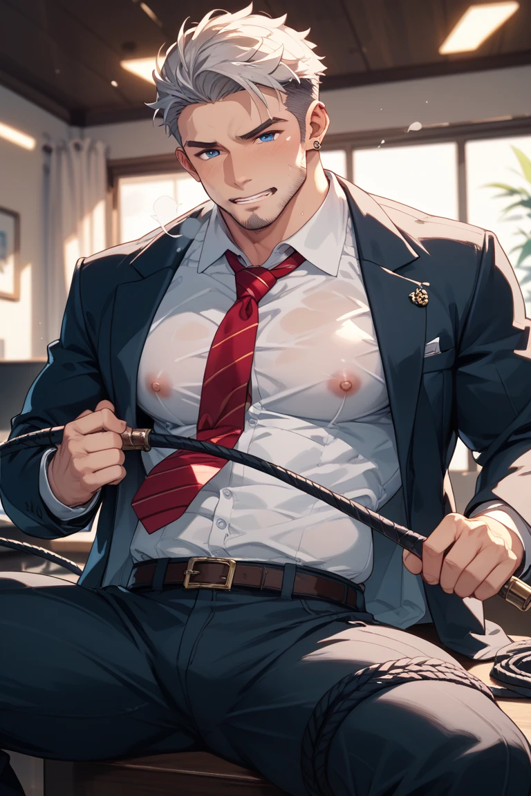 naked nsfw man with blond shaved hair and a white shirt on and tie. slim figure. No pants, naked. posing cock
