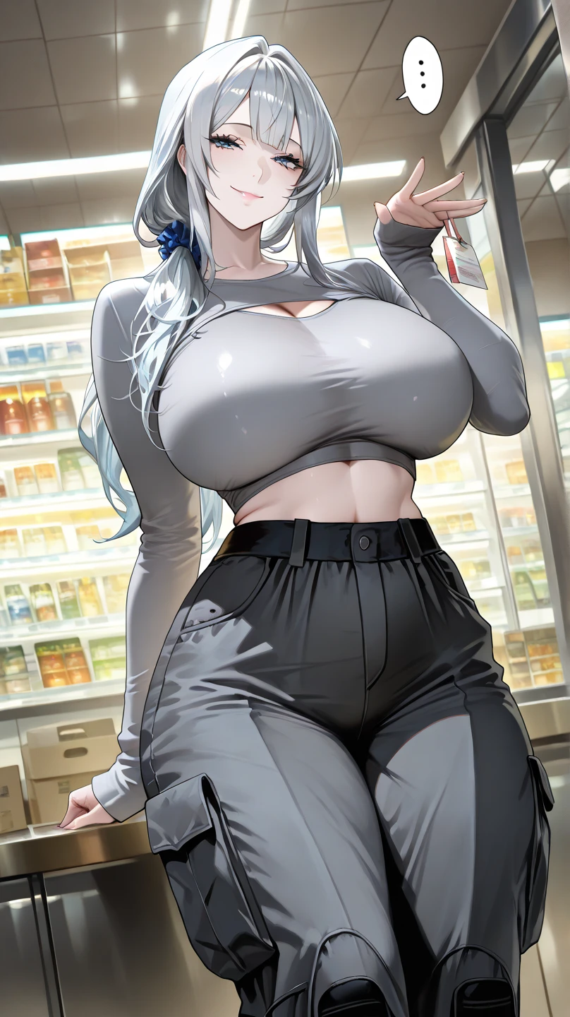 Silver hair ponytail, A dark-skinned woman wearing a black dress shirt and slim jeans is preparing fried shrimp。. Showing your belly button Alluring thighs A lot of fried shrimp